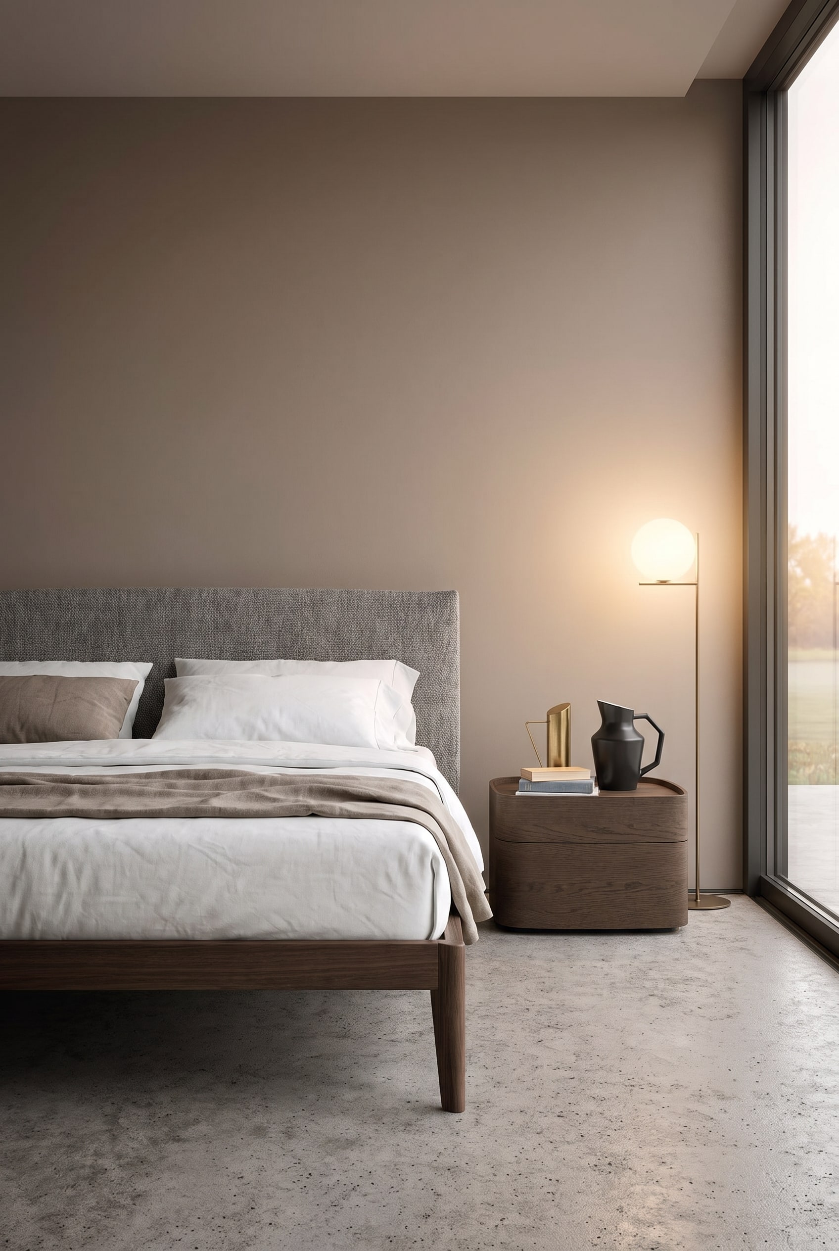 Minimalistisches Schlafzimmer mit taupefarbener Wand, vor der ein Nachttisch aus dunklem Holz und ein dunkelbraunes Schwebebett stehen