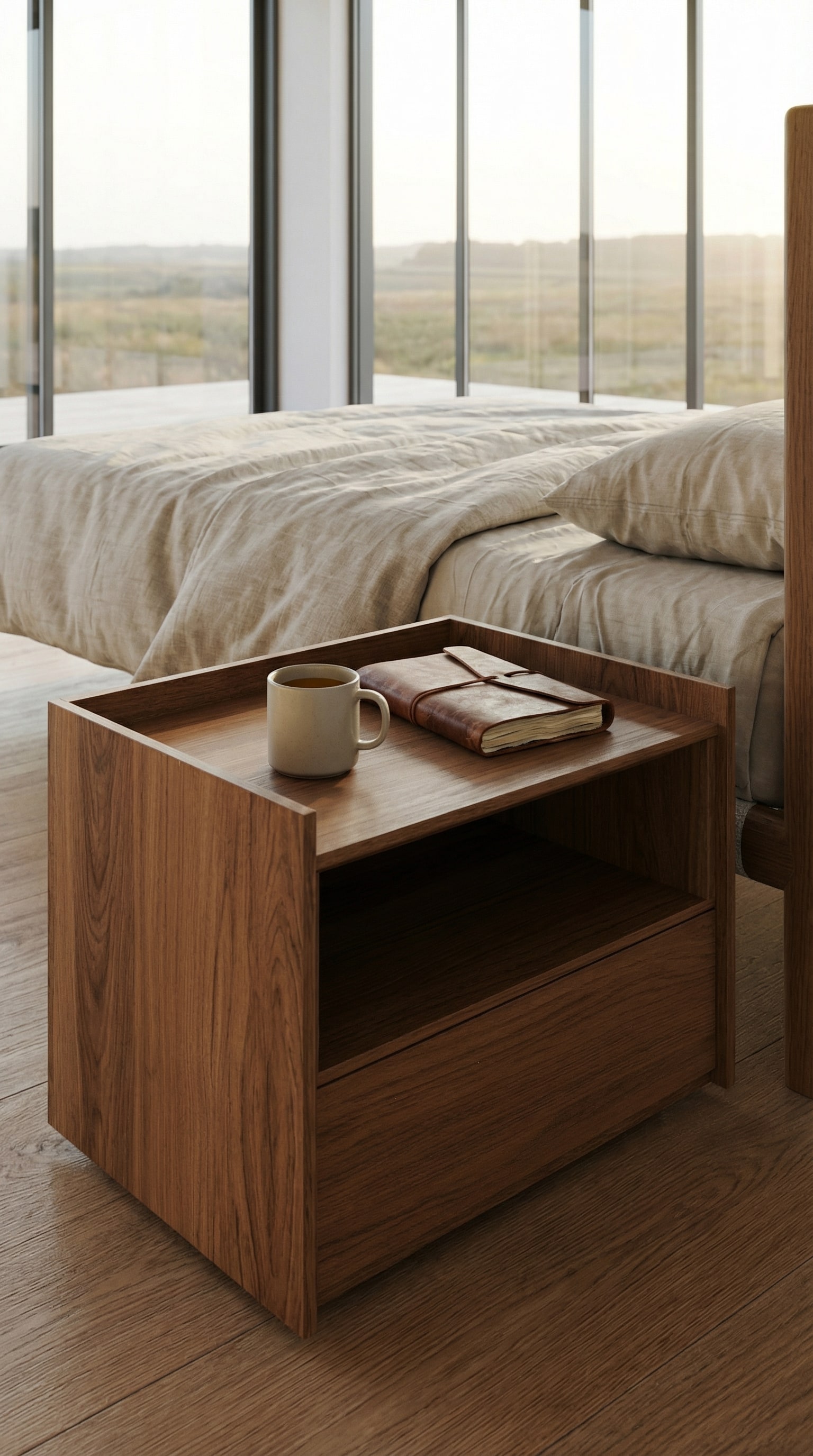 Une table de chevet Novamobili en bois chaleureuse dans une chambre moderne sans technologie Une table de chevet Novamobili en bois chaleureuse dans une chambre moderne sans technologie