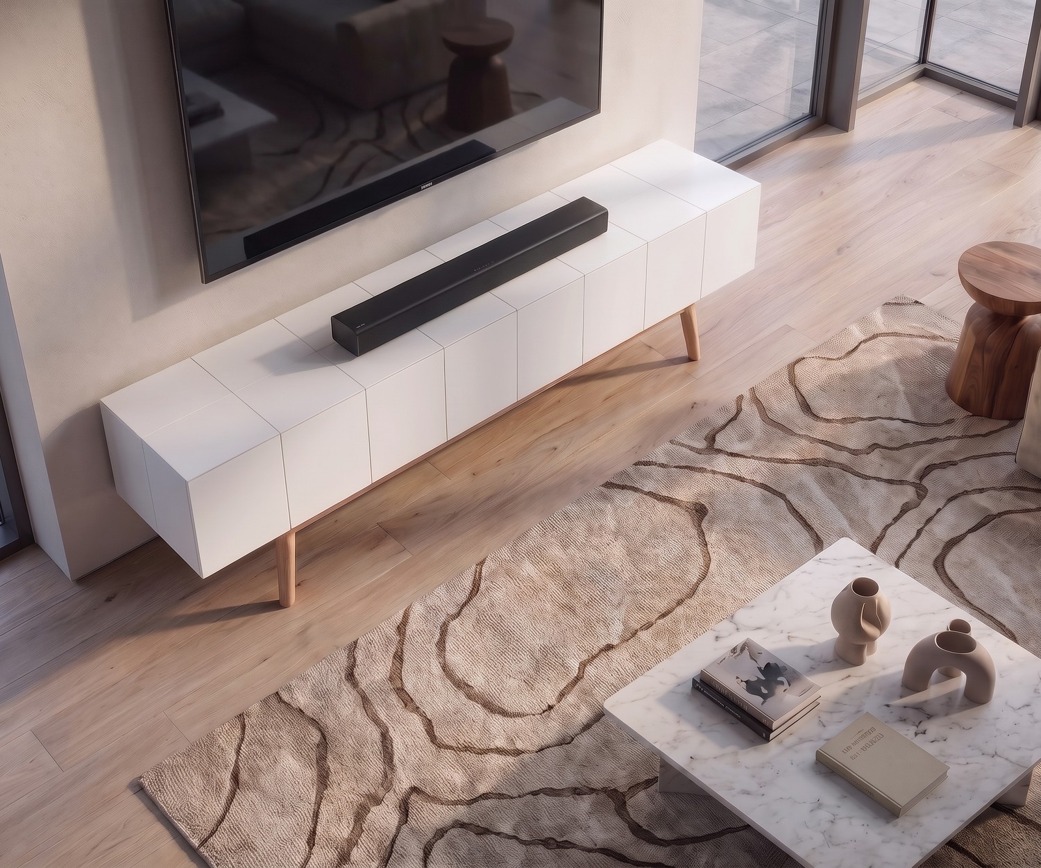Meuble TV bas al2 MOS-I-KO 005 B pour le salon en blanc mat avec pieds en bois massif de style rétro moderne.