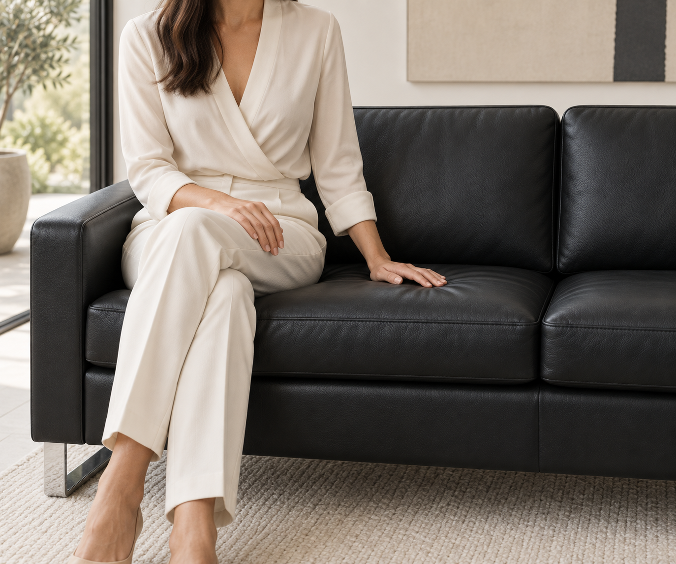 Livitalia Canapé Vinaro, 206 × 91 cm, Seminole 04 Noir, cuir véritable, piètement chromé – Détail du cuir véritable avec une main