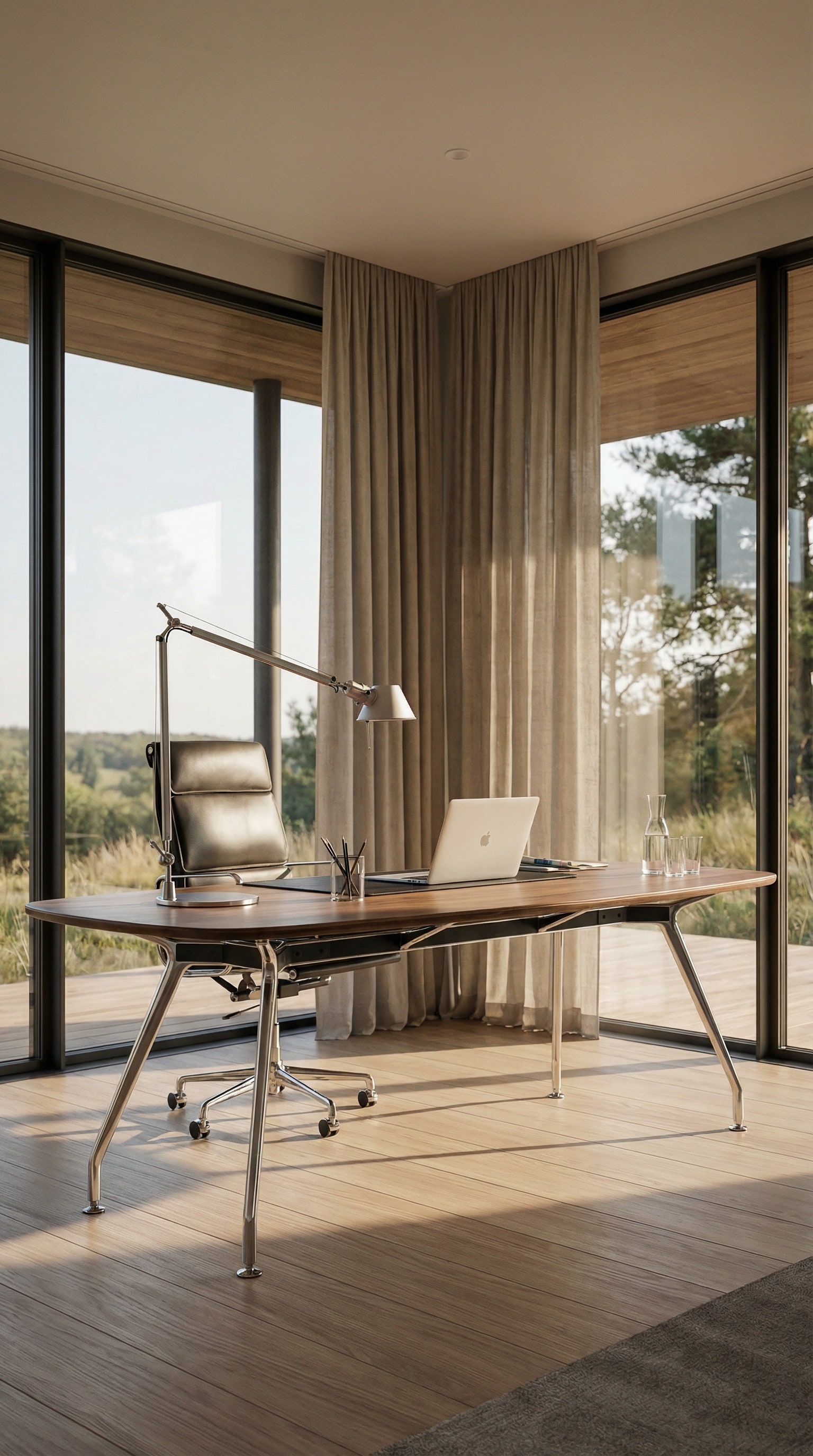 Un bureau de direction ICF Unitable sculptural en bois noble, autoportant dans un salon lumineux avec des fenêtres du sol au plafond Un bureau de direction ICF Unitable sculptural en bois noble, autoportant dans un salon lumineux avec des fenêtres du sol au plafond