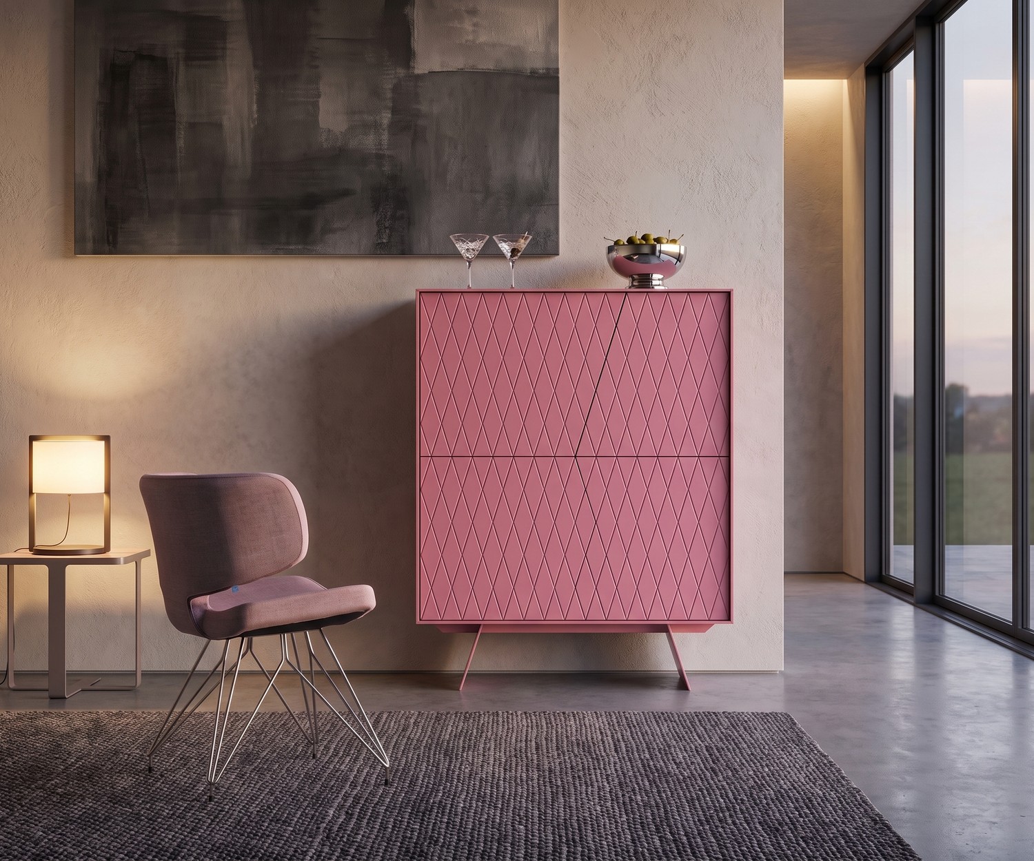 Buffet haut rose à motif losanges al2 e-klipse 009 Buffet haut al2 e-klipse 009 rose à motif losanges dans un salon moderne à côté d'une chaise design.