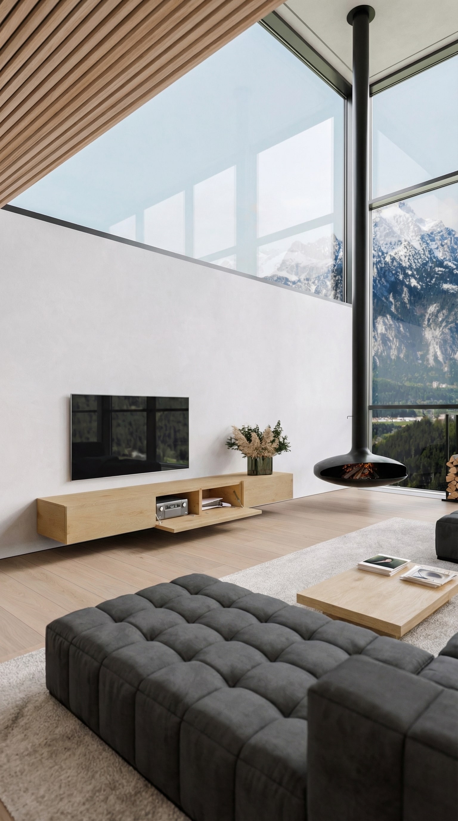 Meuble bas en bois chaleureux, mont&eacute; en suspension devant un mur en enduit fin, entour&eacute; de pierre naturelle et de grandes fen&ecirc;tres.