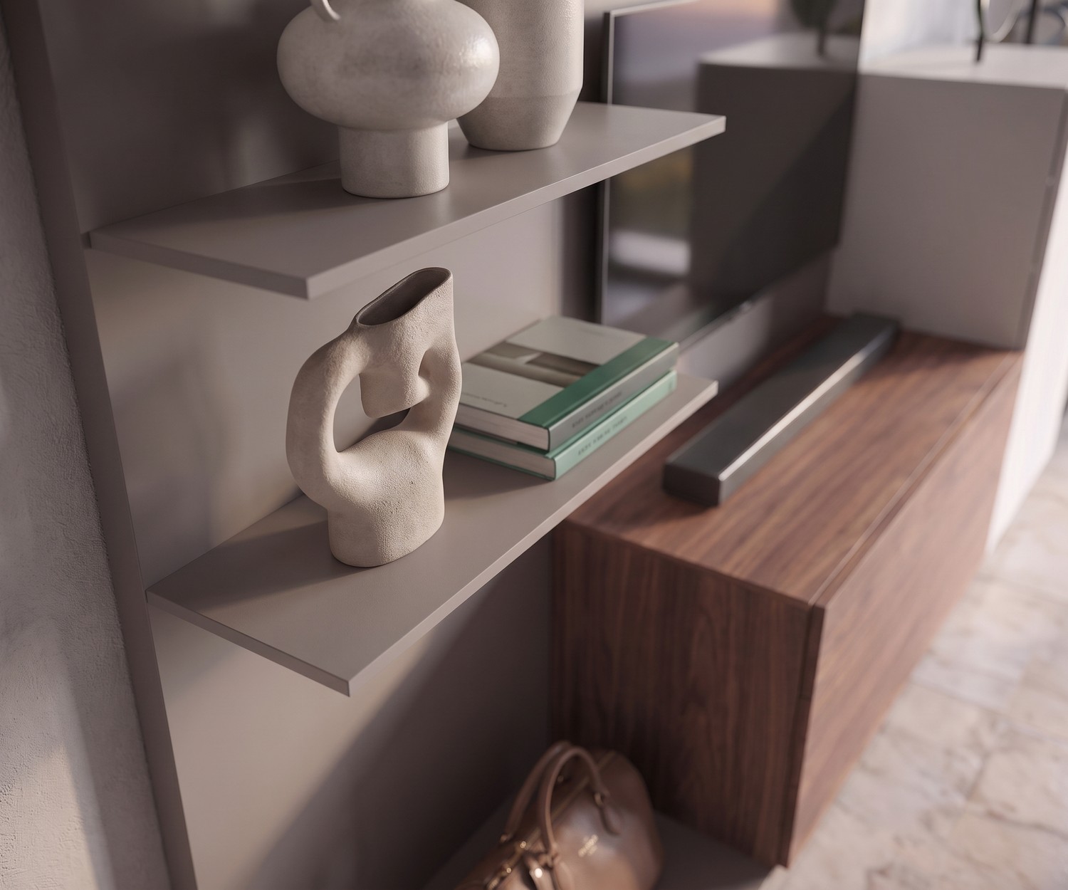 Étagère murale de vestiaire d'entrée Novamobili Easy 9 pour déco, style minimaliste en taupe et noyer.
