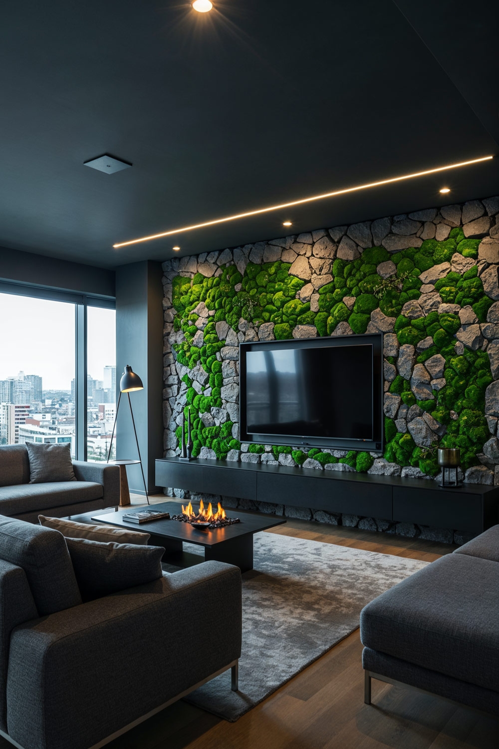 salon moderne am&eacute;nag&eacute; en gris avec chemin&eacute;e de table et d&eacute;tails d'aspect naturel