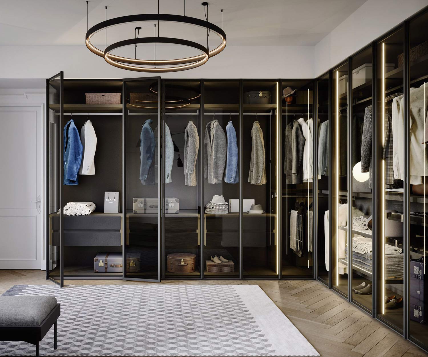 Dressing de luxe avec éclairage des portes en verre Dressing de luxe avec éclairage des portes en verre