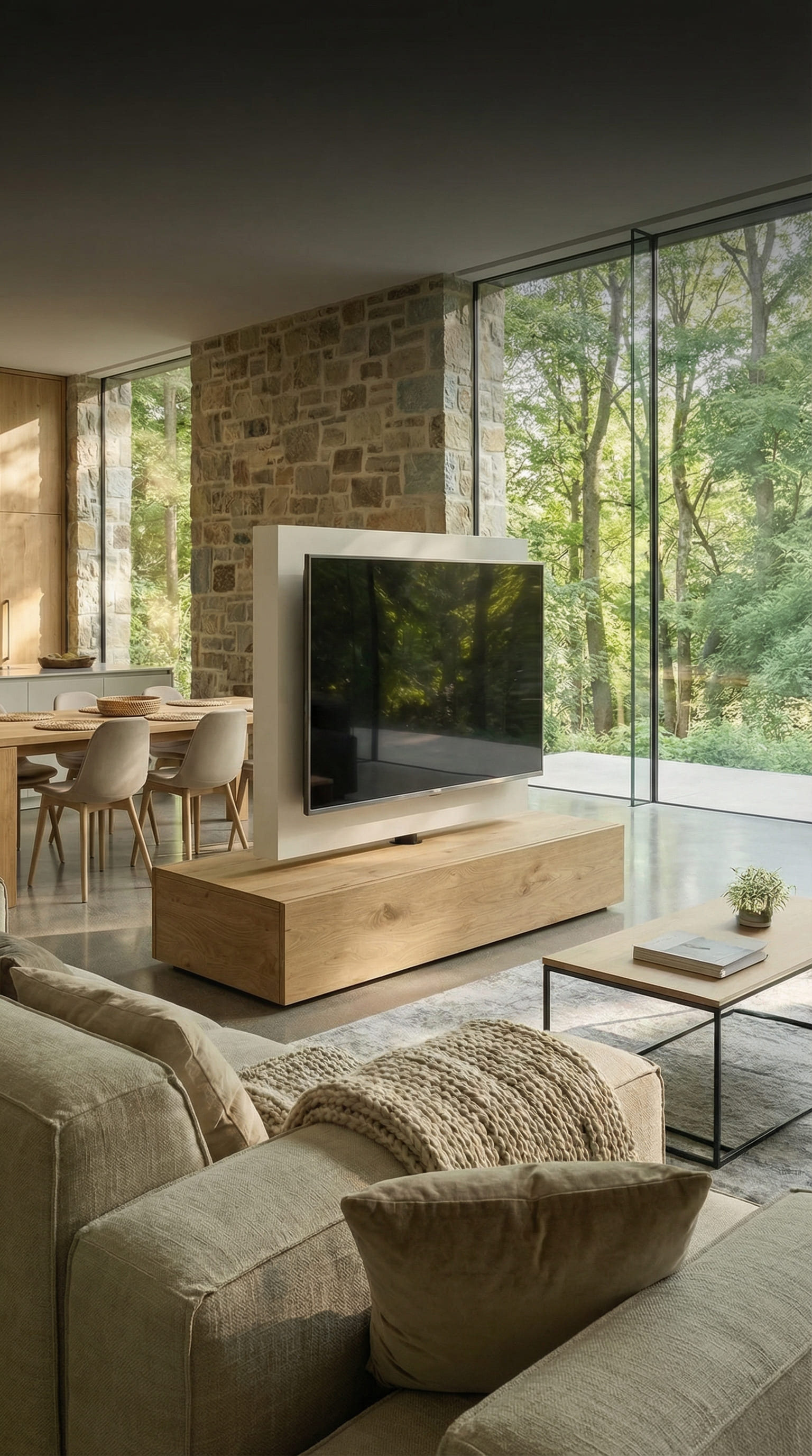 Séparateur de pièce TV Roto autoportant rotatif dans un loft ouvert avec vue sur la verdure Séparateur de pièce TV Roto autoportant rotatif dans un loft ouvert avec vue sur la verdure