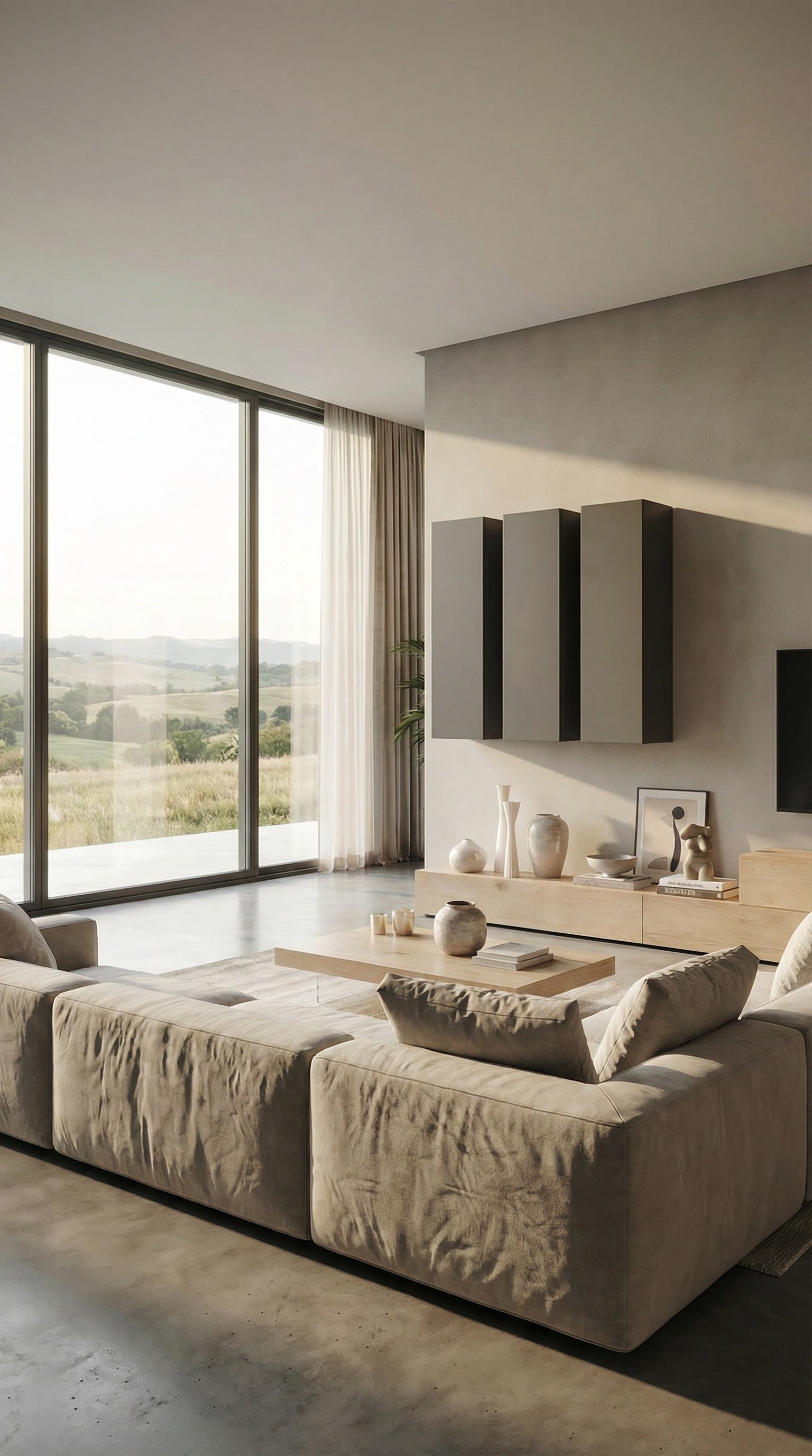 Mur TV moderne style maison de campagne avec fa&ccedil;ades sombres mates et accents de bois dans le salon