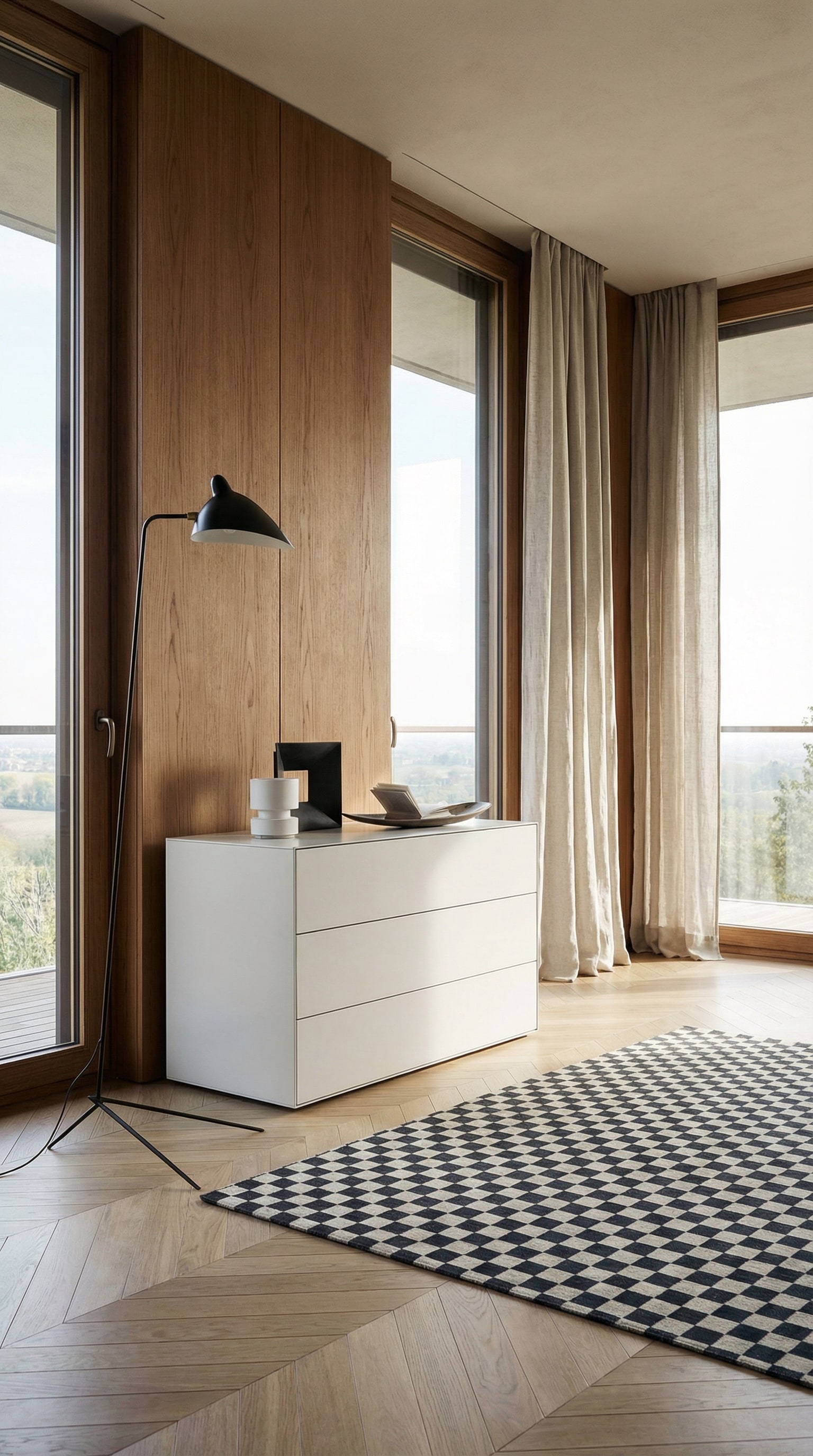 Gros plan d'un tiroir ouvert d'une commode design, montrant le fin biseau &agrave; 45 degr&eacute;s et l'amincissement du bord avant &agrave; 4 millim&egrave;tres.