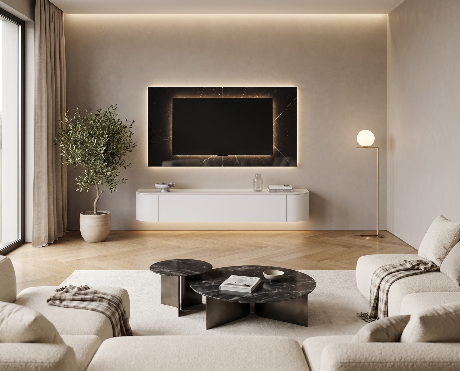 Novamobili Lowboard Tondora in Weiß matt, B 210 cm, hängend im Wohnzimmer, mit Keramik-TV-Paneel