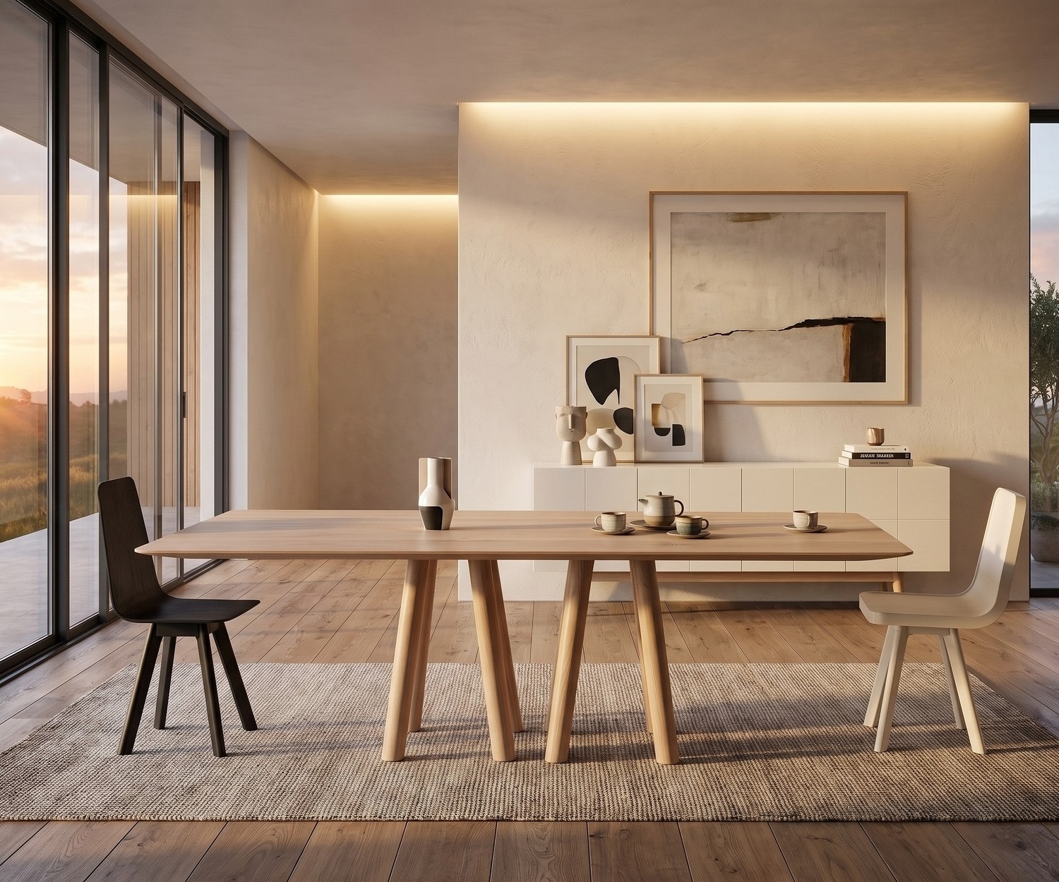 Table de repas design en bois massif mos-i-ko 001 a Table à manger design mos-i-ko 001 a en bois massif dans une salle à manger épurée avec chaises et tapis beige.