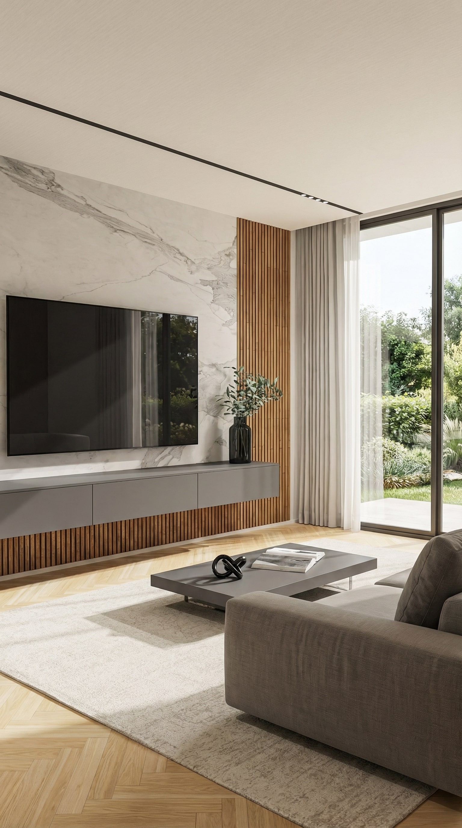 Meuble TV Livitalia C103 avec lattes de bois verticales et panneau arrière en aspect marbre élégant Meuble TV Livitalia C103 avec lattes de bois verticales et panneau arrière en aspect marbre élégant