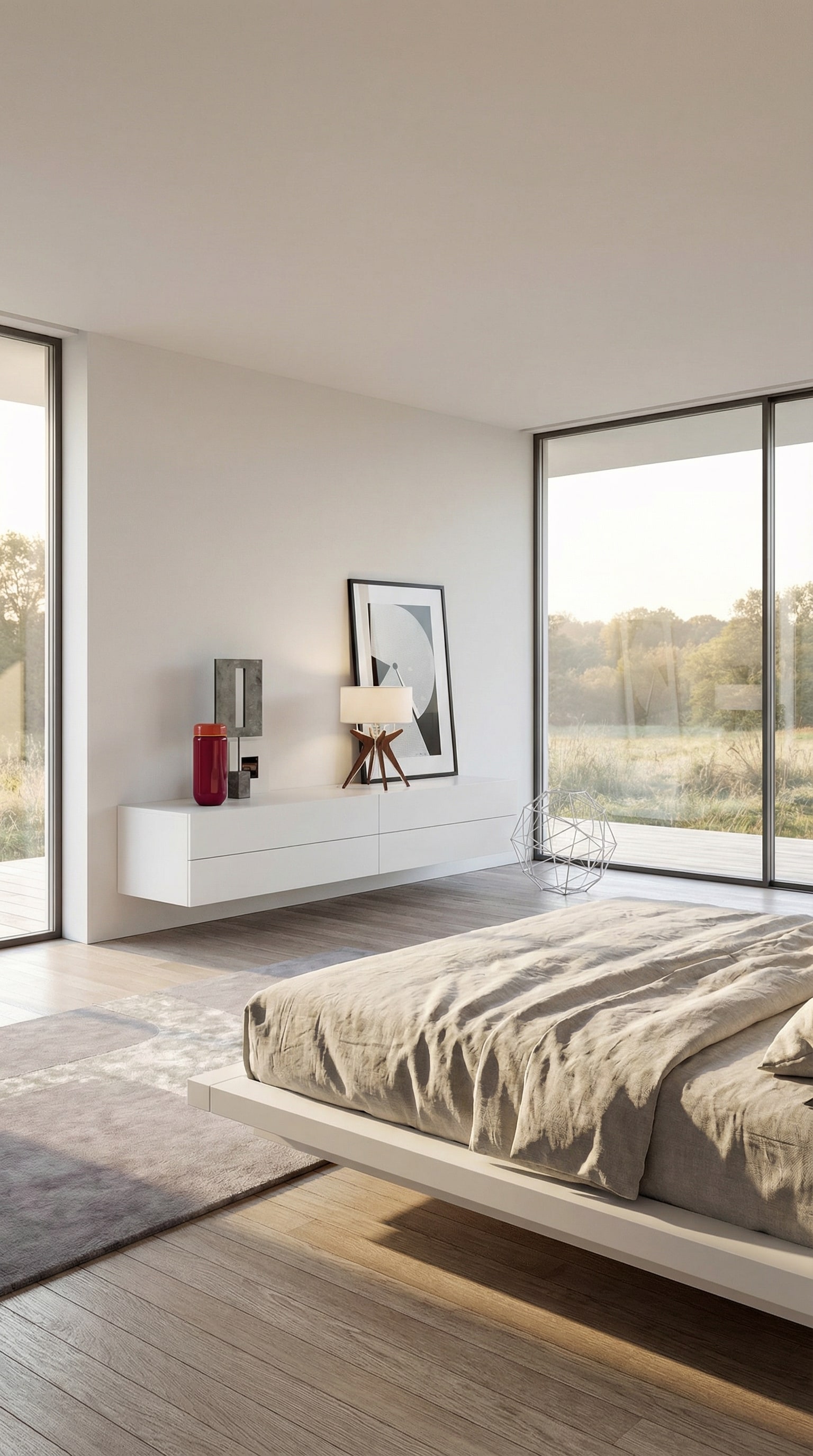 Commode suspendue blanche et minimaliste à 4 tiroirs, flottant au mur dans une pièce moderne. Commode suspendue blanche et minimaliste à 4 tiroirs, flottant au mur dans une pièce moderne.