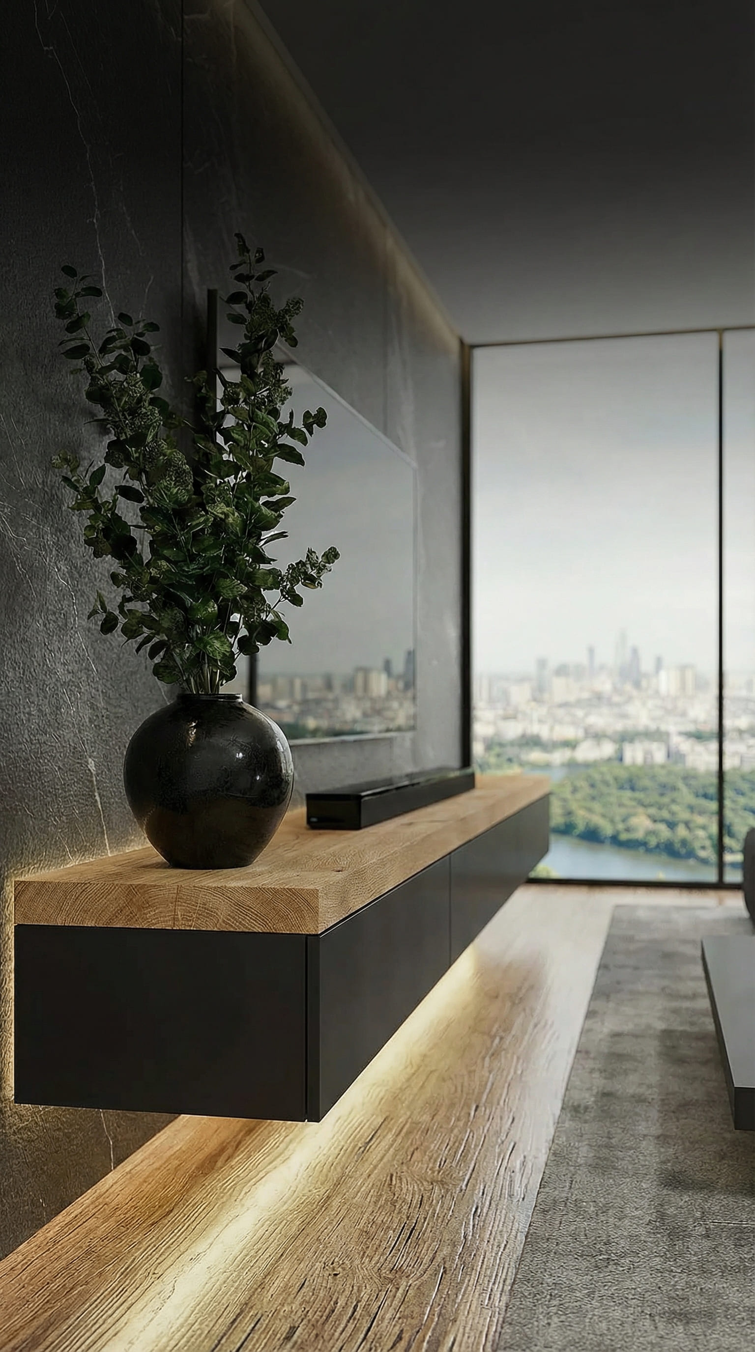 Meuble bas design avec plateau épais en chêne et corps foncé Meuble bas design avec plateau épais en chêne et corps foncé