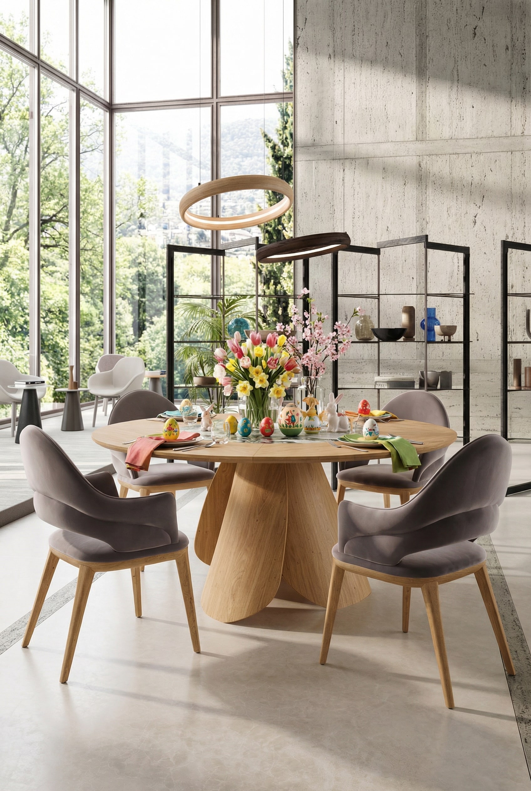 Ozzio Veliero Esstisch rund aus hellem Holz in einem lichtdurchfluteten Architekten-Esszimmer Ozzio Veliero Esstisch rund aus hellem Holz in einem lichtdurchfluteten Architekten-Esszimmer