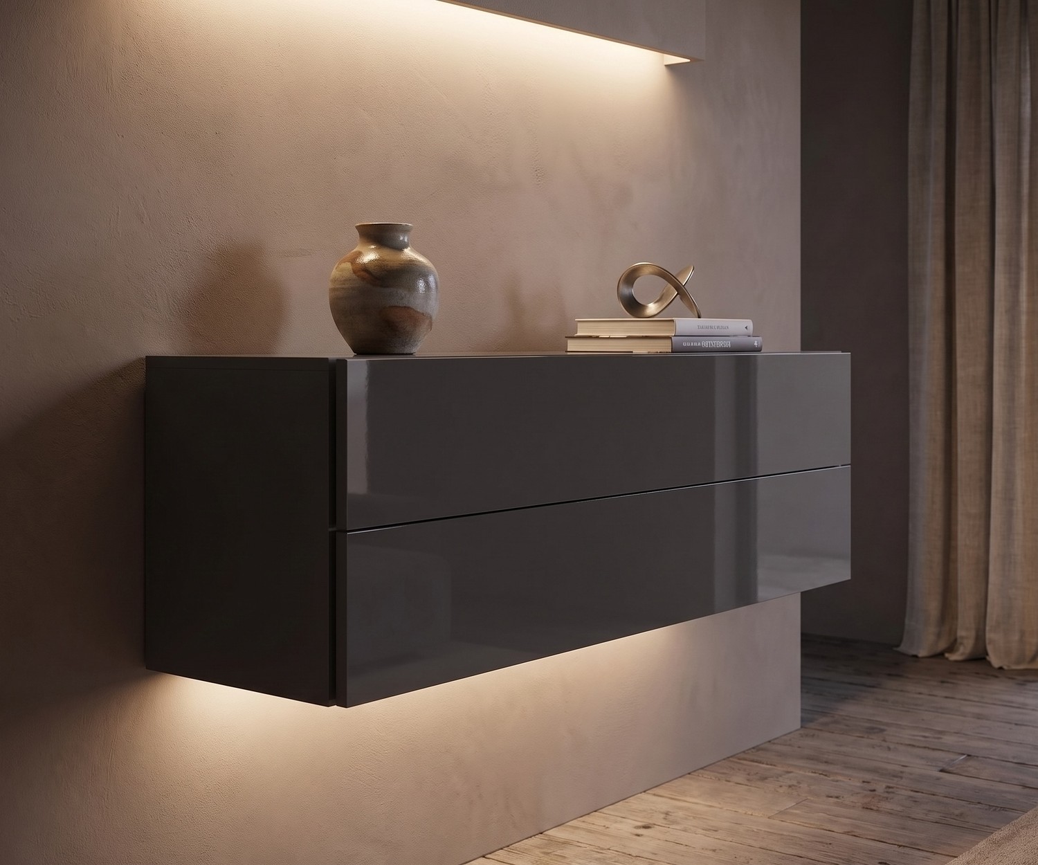 Commode suspendue Easy par Novamobili pour le salon en gris quartz brillant, buffet suspendu moderne avec éclairage LED