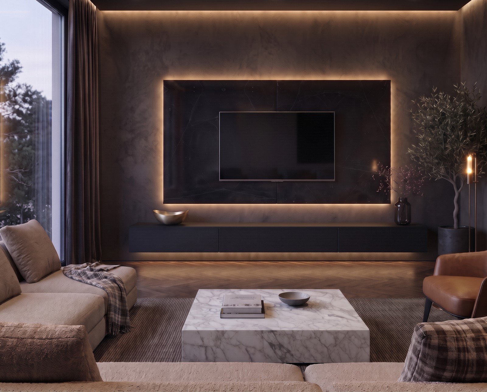 TV Paneel Keramik Schwarz B 240 cm im dunklen Wohnzimmer mit indirektem Licht TV Paneel Keramik Schwarz B 240 cm im dunklen Wohnzimmer mit indirektem Licht
