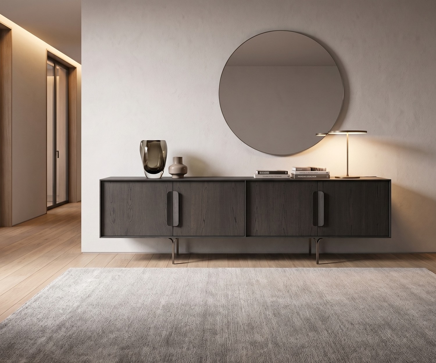 Buffet design al2 Mobius 003 en chêne carbone Buffet design al2 Mobius 003 en placage chêne foncé dans un salon minimaliste sous un grand miroir rond mural.