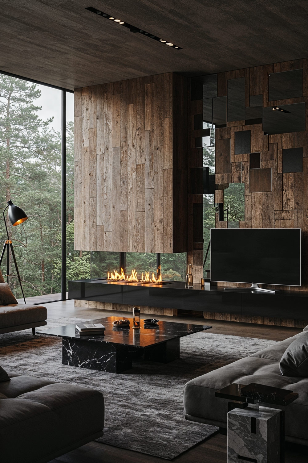 meubles de salon modernes avec surfaces sombres et couleur bois, ainsi qu'une chemin&eacute;e &eacute;lectrique flamboyante