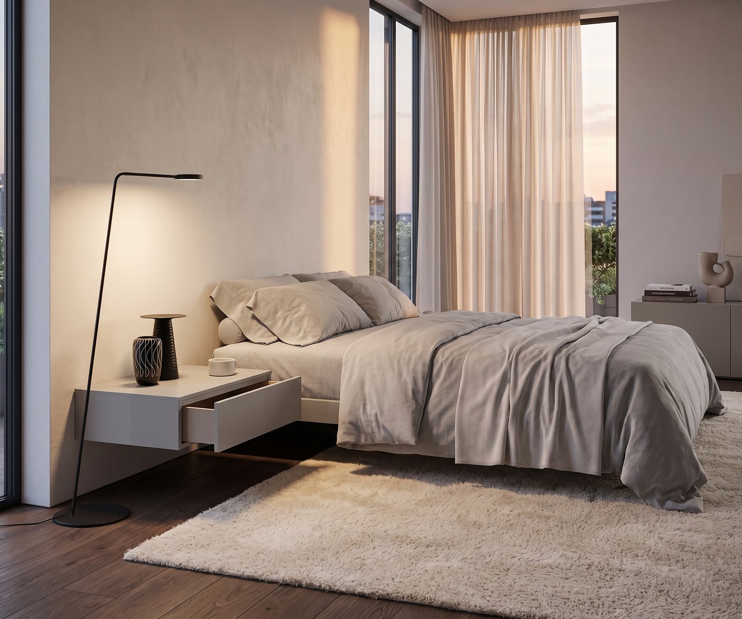 Table de chevet suspendue Novamobili Easy à 1 tiroir Table de chevet suspendue Novamobili Easy 1 dans une chambre moderne, beige clair, design sans poignée avec tiroir ouvert.