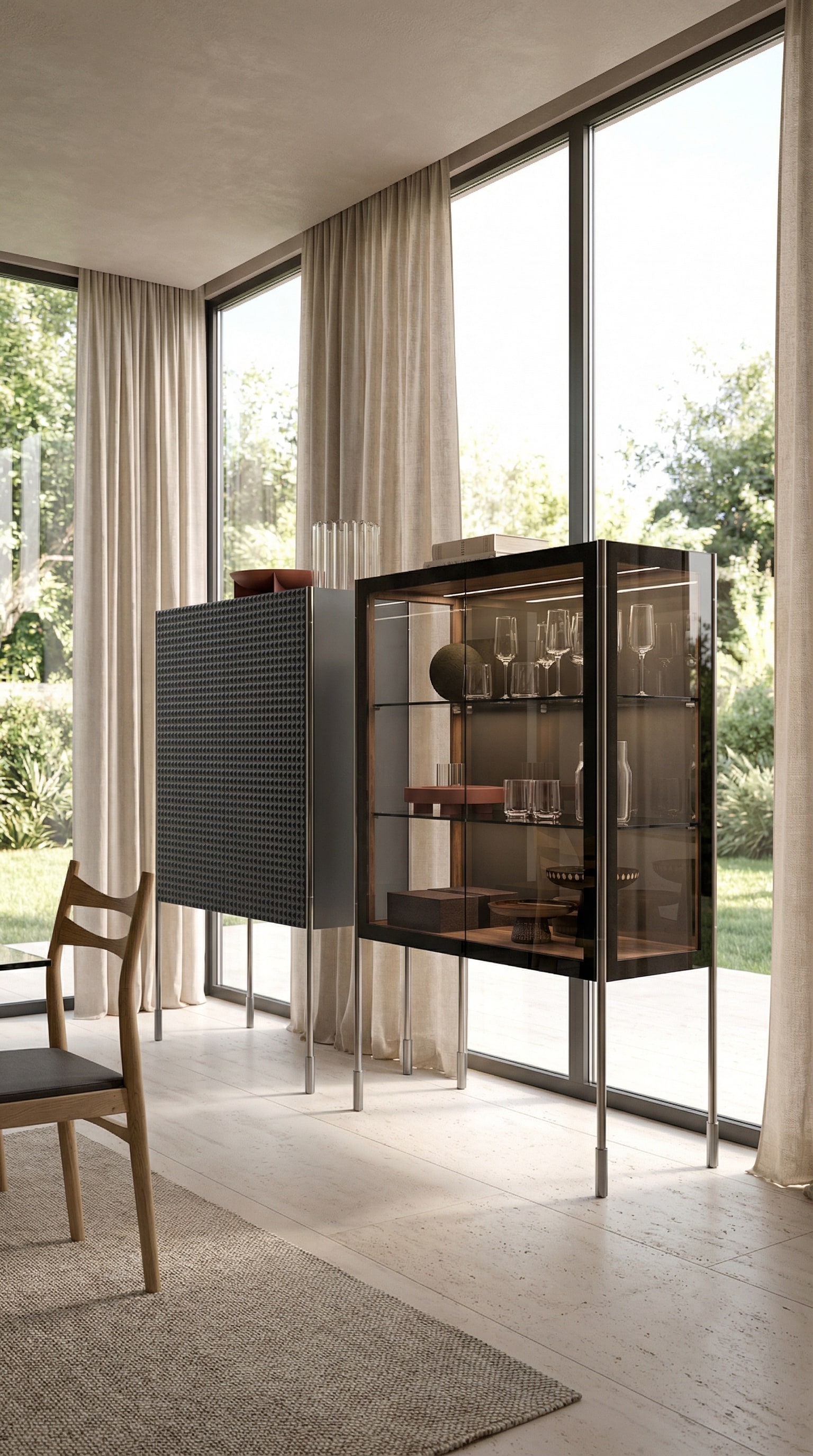 Highboard noir combiné à une élégante vitrine en verre dans une pièce lumineuse Highboard noir combiné à une élégante vitrine en verre dans une pièce lumineuse
