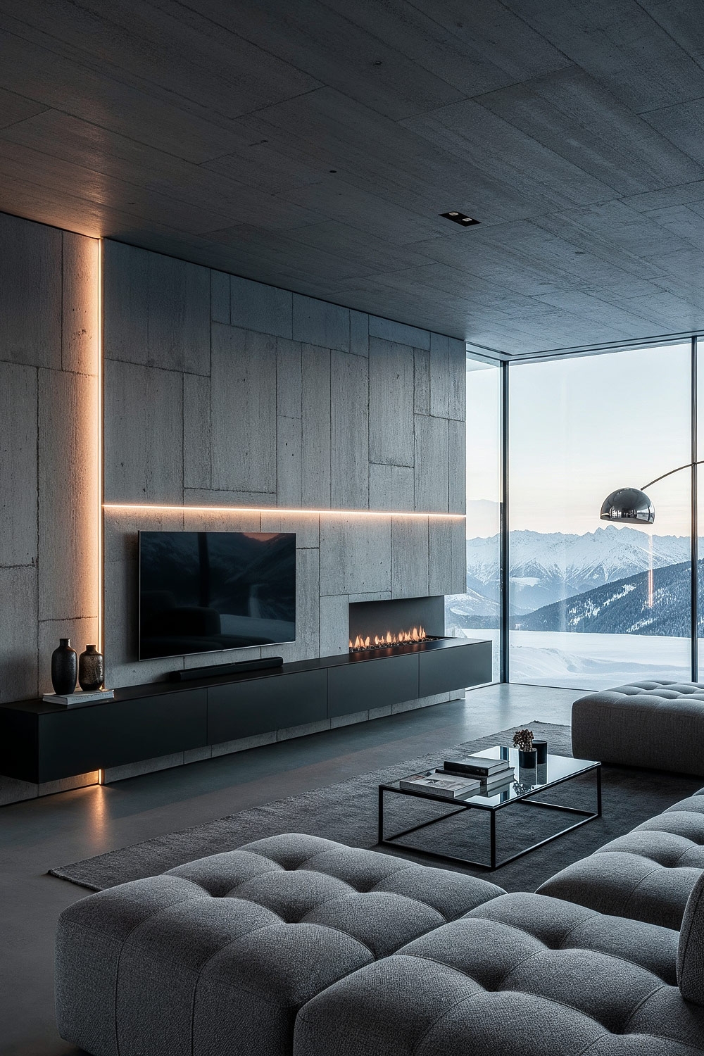 salon am&eacute;nag&eacute; de mani&egrave;re minimaliste et confortable avec lowboard noir et canap&eacute; gris capitonn&eacute;