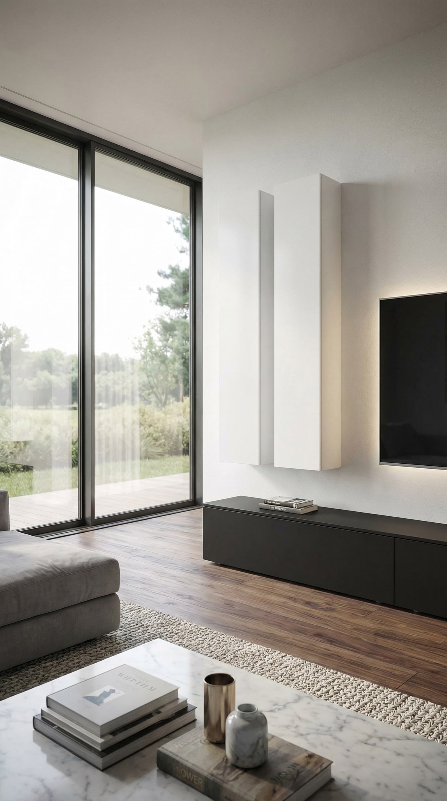 Meuble TV Livitalia C106 enti&egrave;rement mural dans un salon minimaliste
