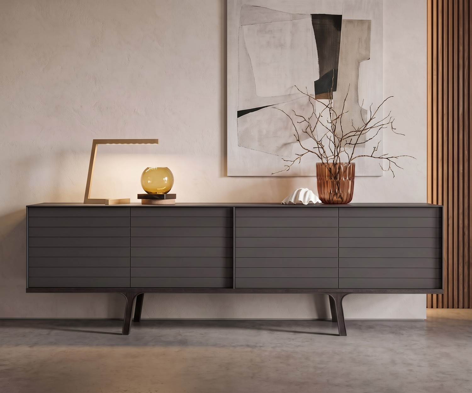 Buffet design gris foncé al2 Mobius 002 Buffet de salon al2 Mobius 002 gris foncé mat avec pieds en bois, style moderne minimaliste avec tableau abstrait.