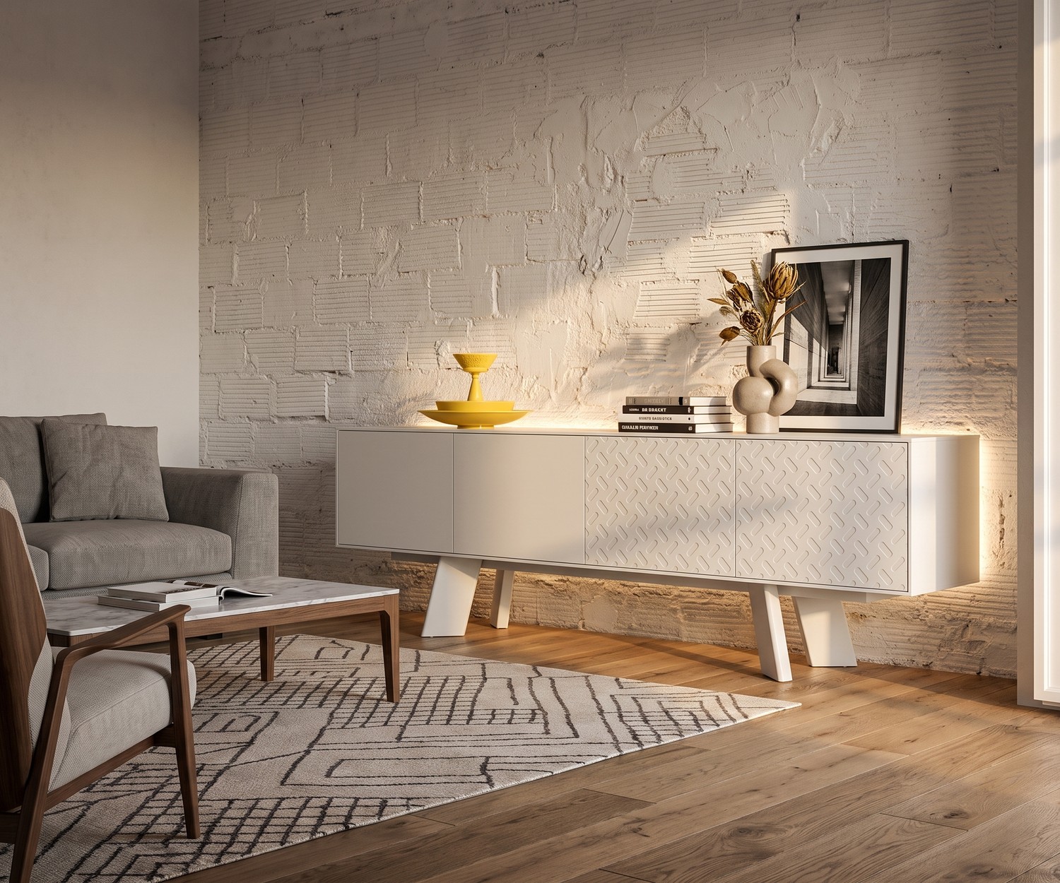 Buffet blanc design al2 Alhambra 003 Buffet design al2 Alhambra 003 blanc dans un salon. Enfilade avec portes texturées et pieds en bois chaleureux.