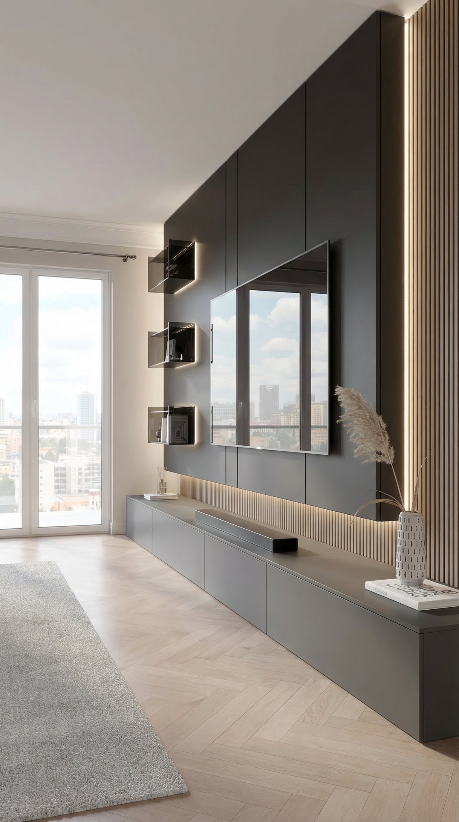 Un meuble TV mural luxueux et sombre avec rétroéclairage LED, lattes en bois et téléviseur parfaitement intégré sans câbles visibles. Un meuble TV mural luxueux et sombre avec rétroéclairage LED, lattes en bois et téléviseur parfaitement intégré sans câbles visibles.