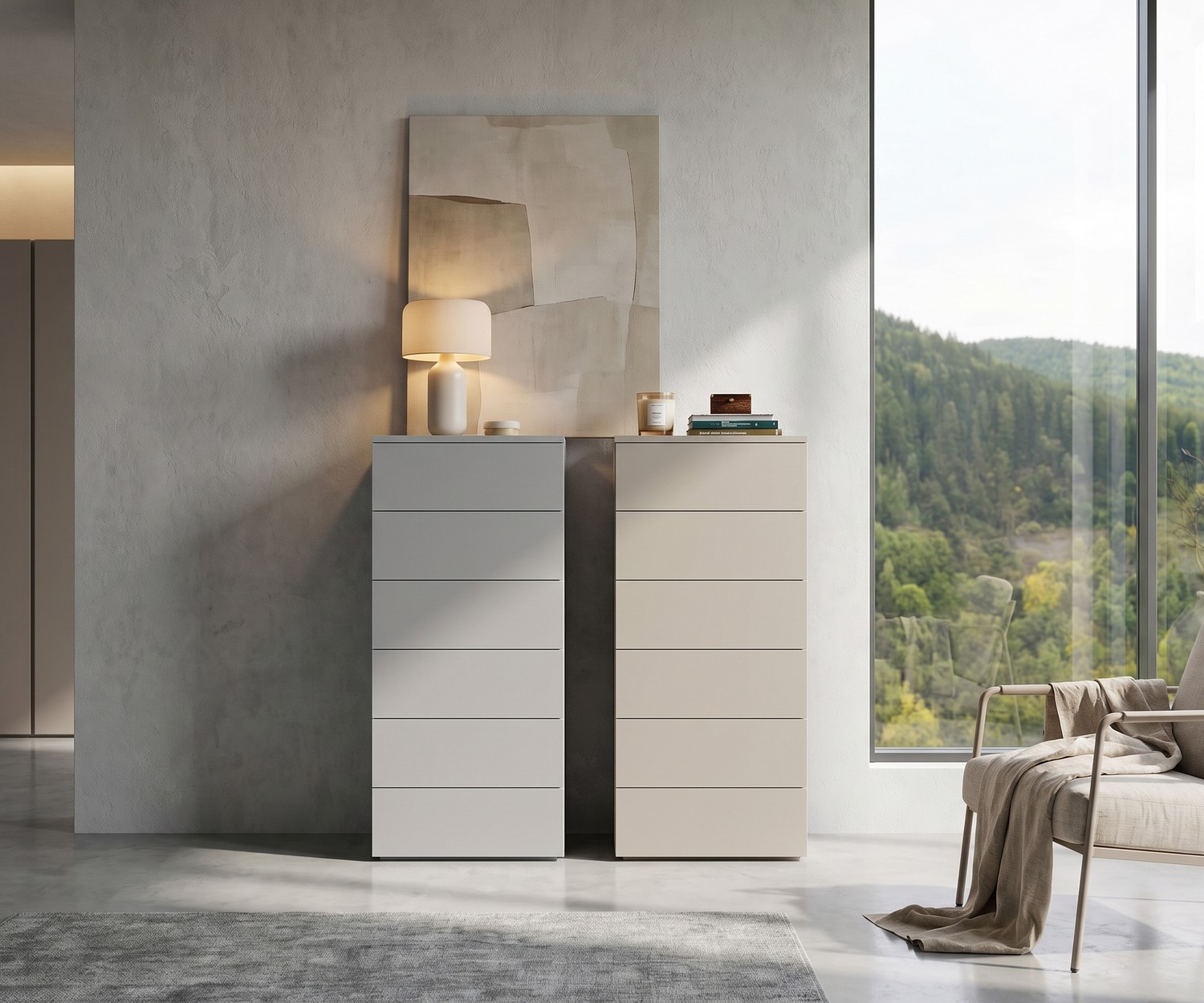 Chiffonnier haut minimaliste Livitalia Atena Chiffonnier haut Atena par Livitalia pour la chambre, commodes minimalistes à 6 tiroirs en blanc et beige, style moderne.