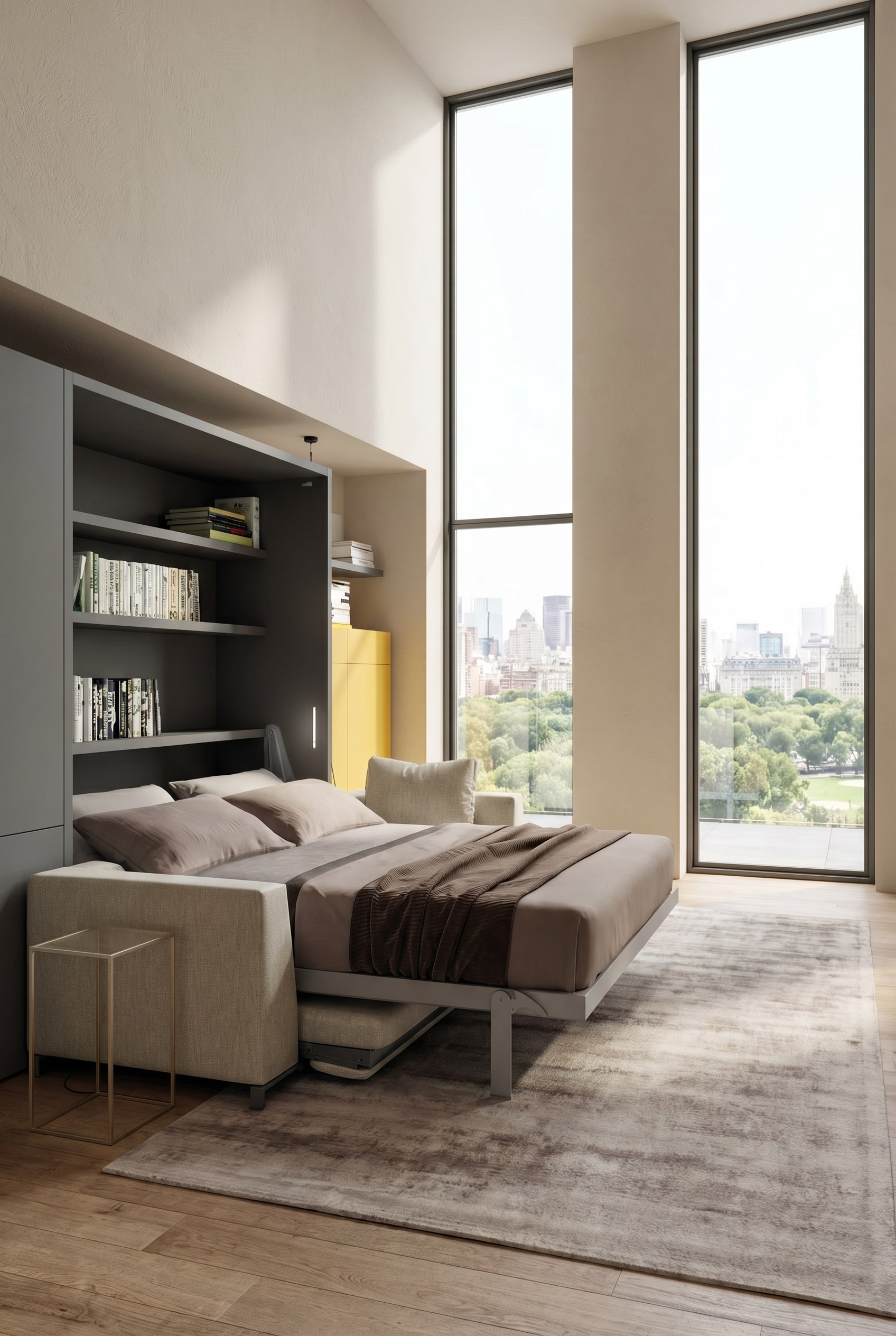 Un salon moderne de style Modern Italian Luxury avec un lit escamotable d&eacute;pli&eacute; et un canap&eacute; int&eacute;gr&eacute; dans des tons clairs.