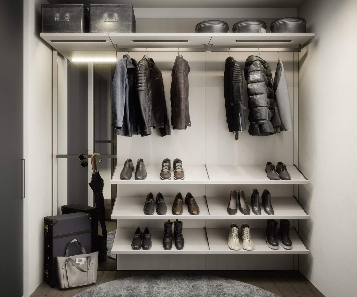 Portemanteau design ouvert couloir vêtements suspendus rangement chaussures luxe gris Portemanteau design ouvert couloir vêtements suspendus rangement chaussures luxe gris