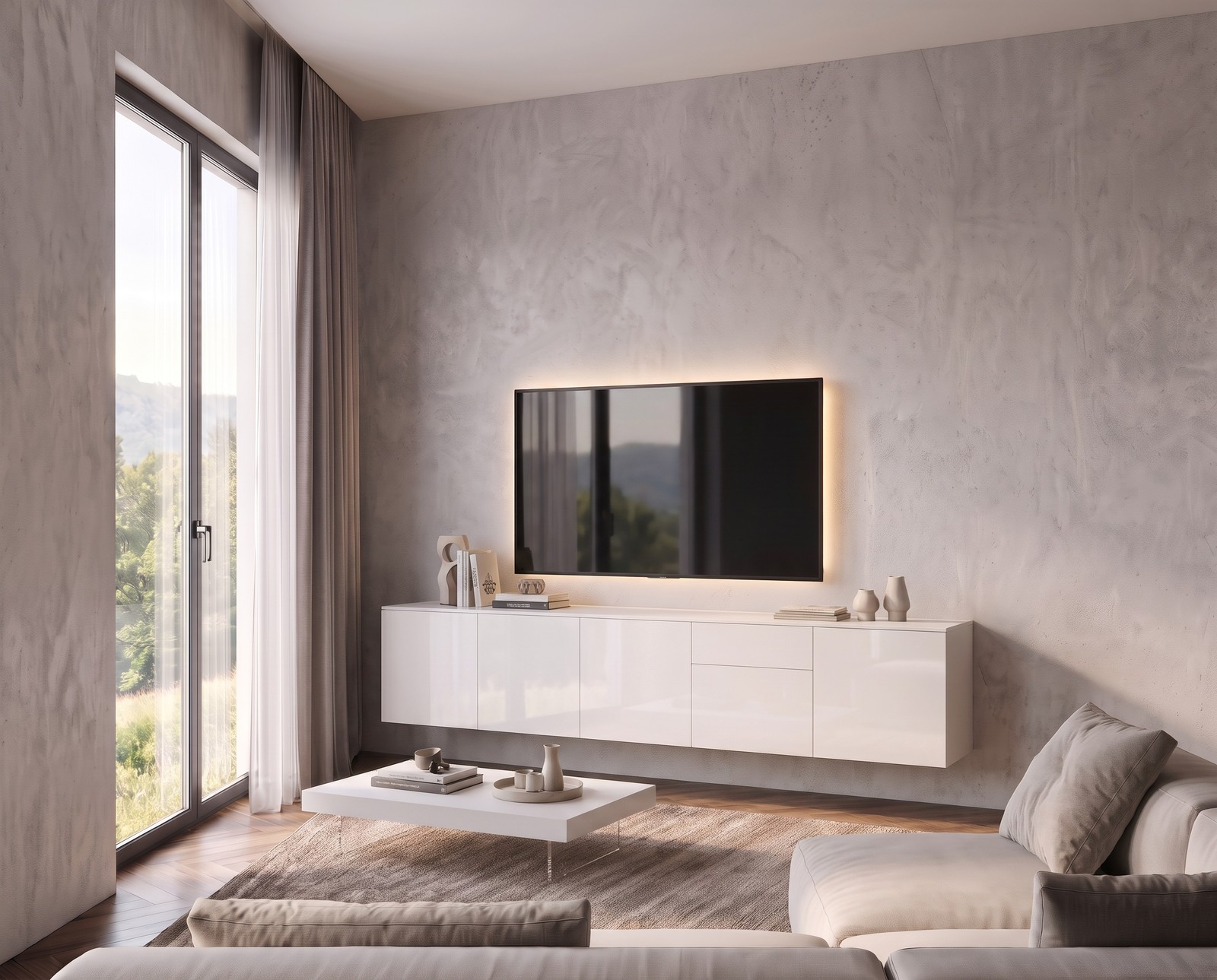 Seitenansicht des hängenden TV-Sideboards Spaziora in Weiß Hochglanz, B 300 cm Seitenansicht des hängenden TV-Sideboards Spaziora in Weiß Hochglanz, B 300 cm