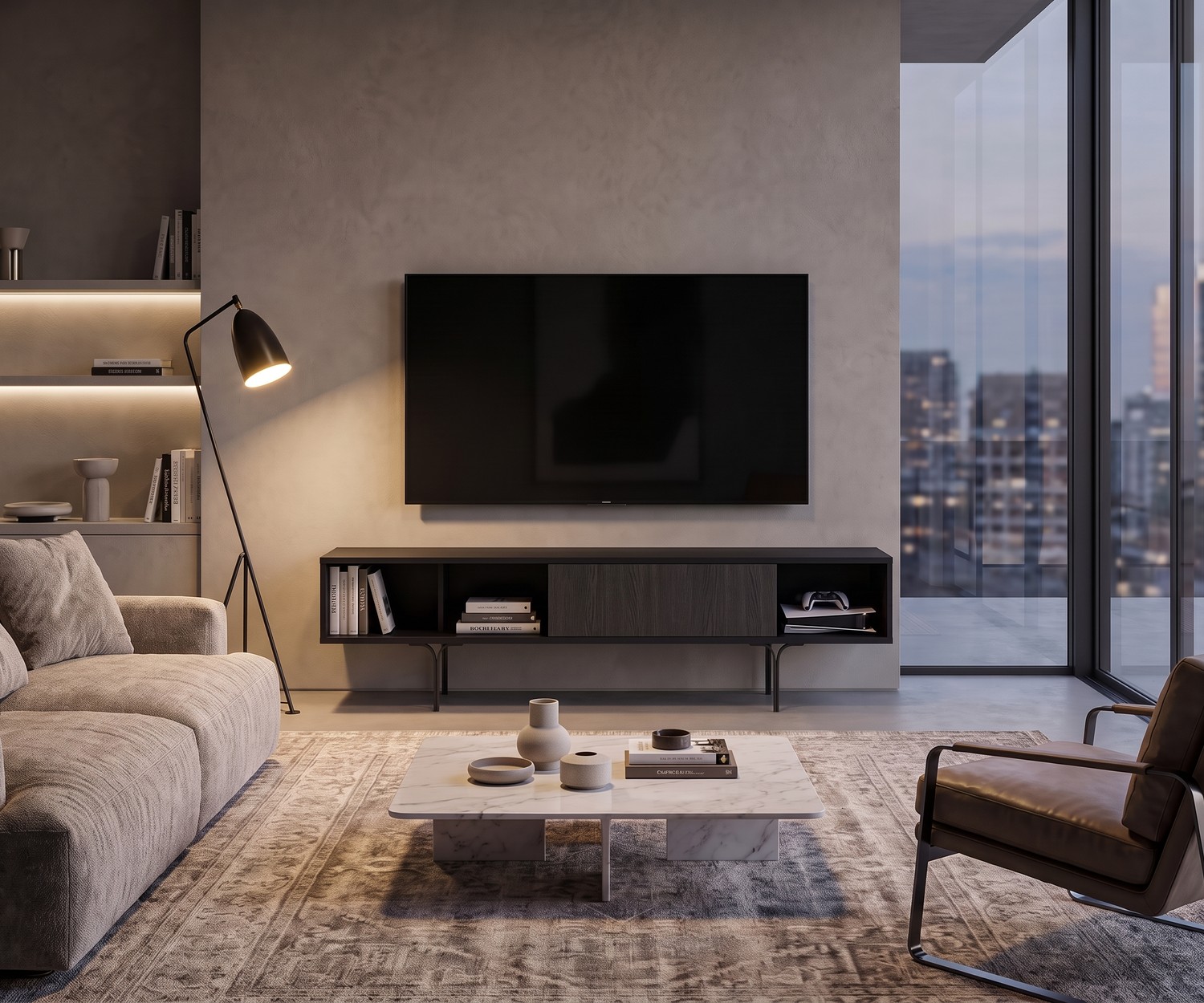 Meuble TV bas al2 Mobius 005 dans un salon moderne, banc TV en bois sombre avec pieds fins et étagères ouvertes.