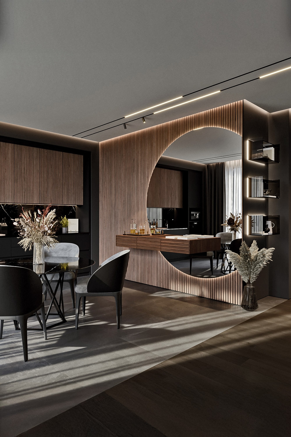 salle &agrave; manger moderne avec table &agrave; manger, chaises de salle &agrave; manger, commode et &eacute;tag&egrave;re murale en diff&eacute;rents mat&eacute;riaux