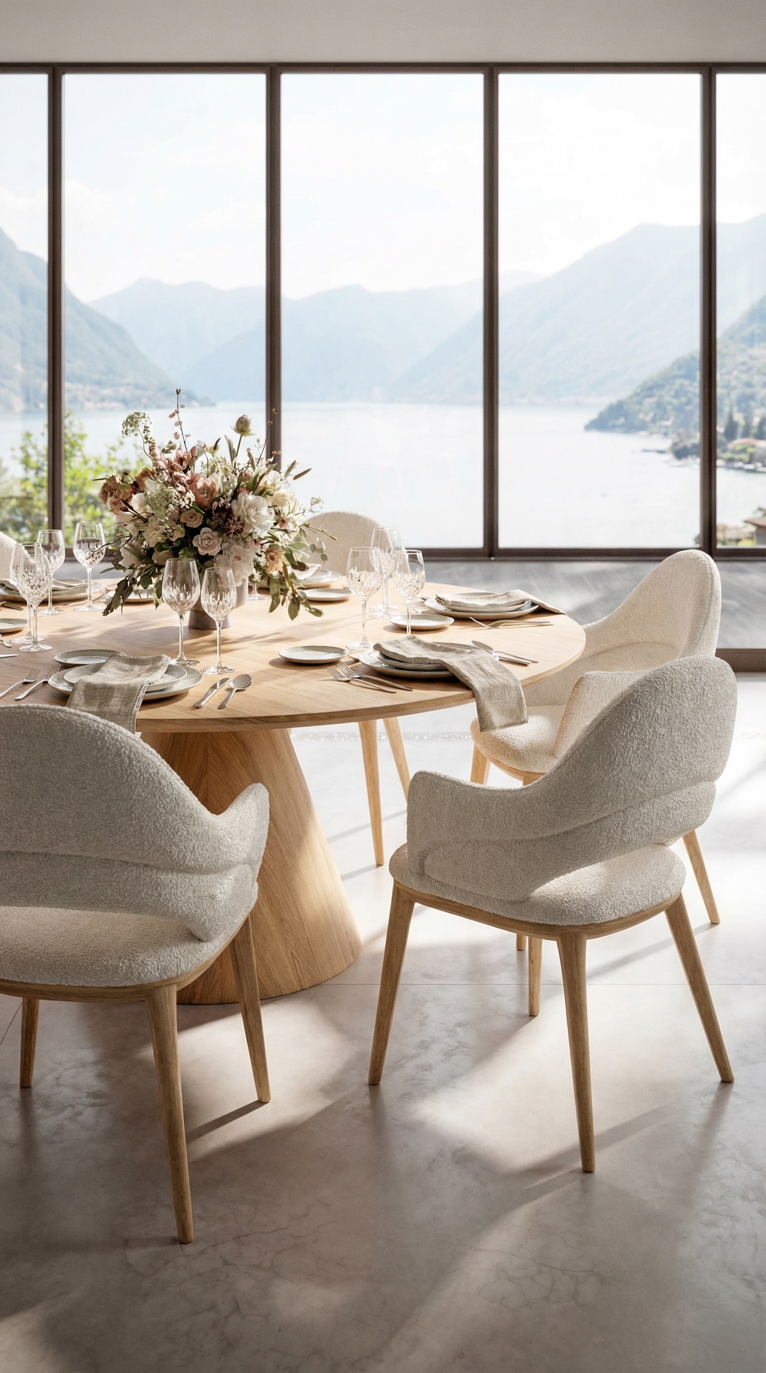 Fauteuil rembourr&eacute; Ozzio Baia avec tissu boucl&eacute; &agrave; une table ronde en bois