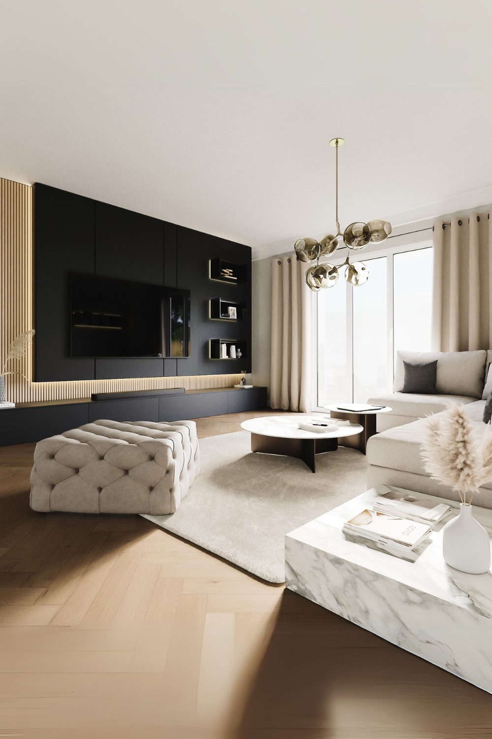 salon-design-en-beige-et-gris-avec-canape-pouf-tables-basses-et-meuble-tv-mural