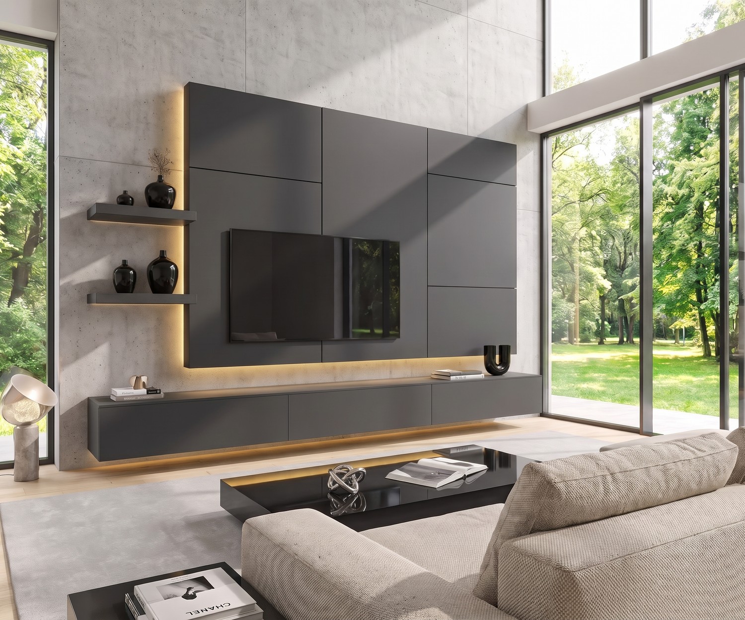 Meuble TV mural suspendu Livitalia C102 Meuble TV mural Livitalia C102: Composition murale suspendue gris anthracite avec éclairage LED pour salon moderne.
