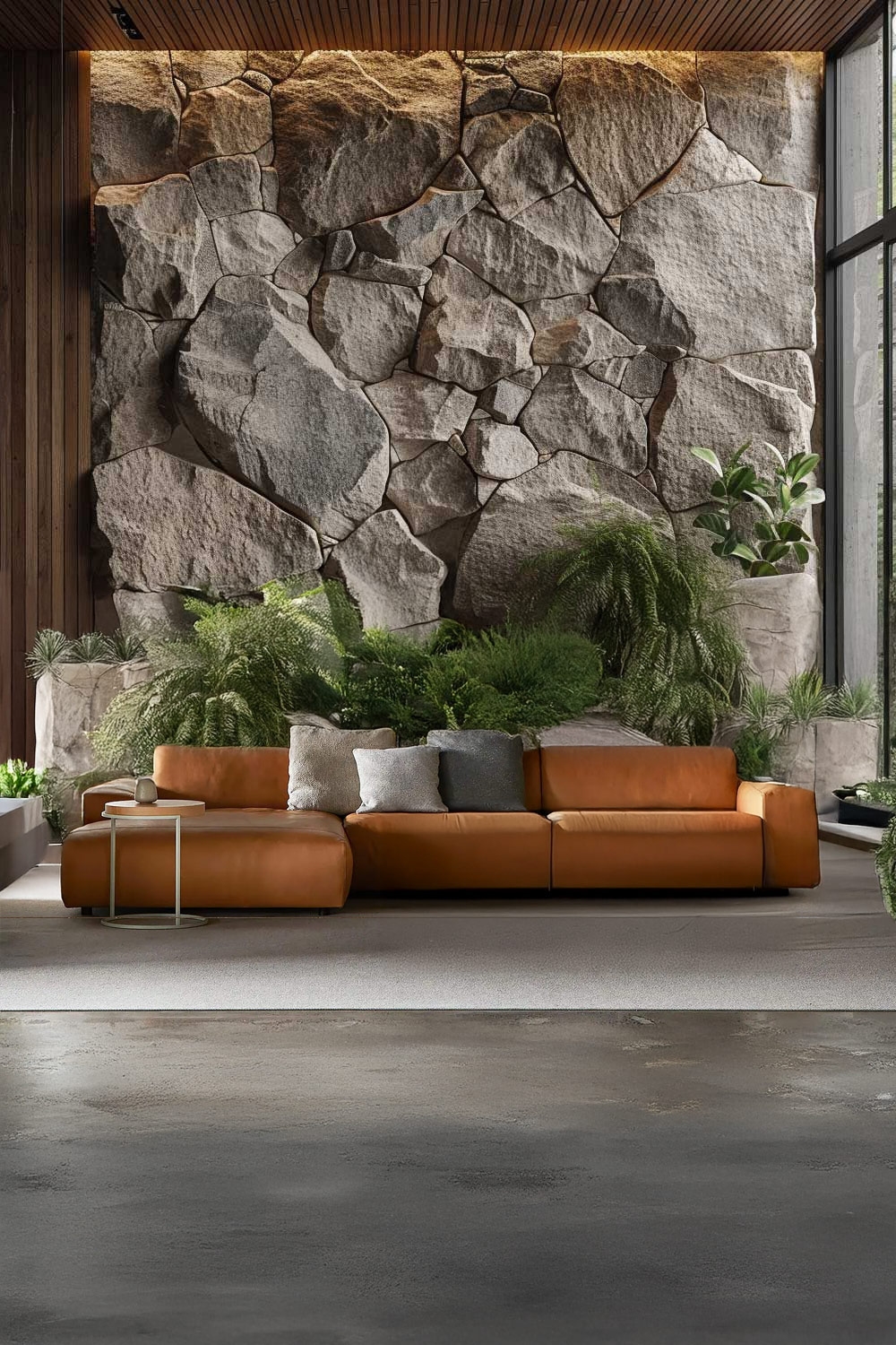 canap&eacute; en cuir couleur cognac devant un mur aspect pierre avec des d&eacute;tails v&eacute;g&eacute;taux verts
