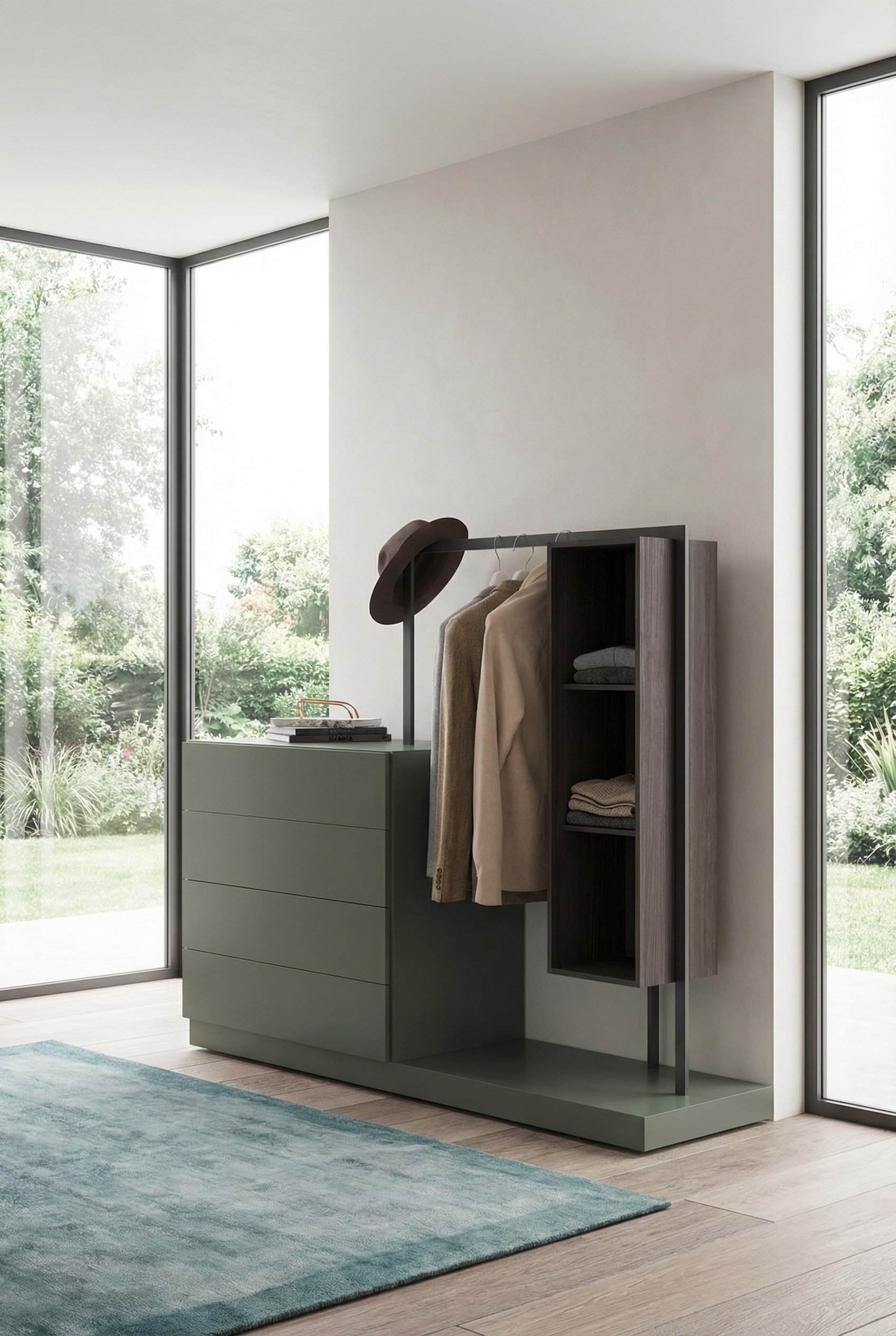 Commode Novamobili Easy 4 avec garde-robe intégrée dans un concept de chambre ouverte. Commode Novamobili Easy 4 avec garde-robe intégrée dans un concept de chambre ouverte.