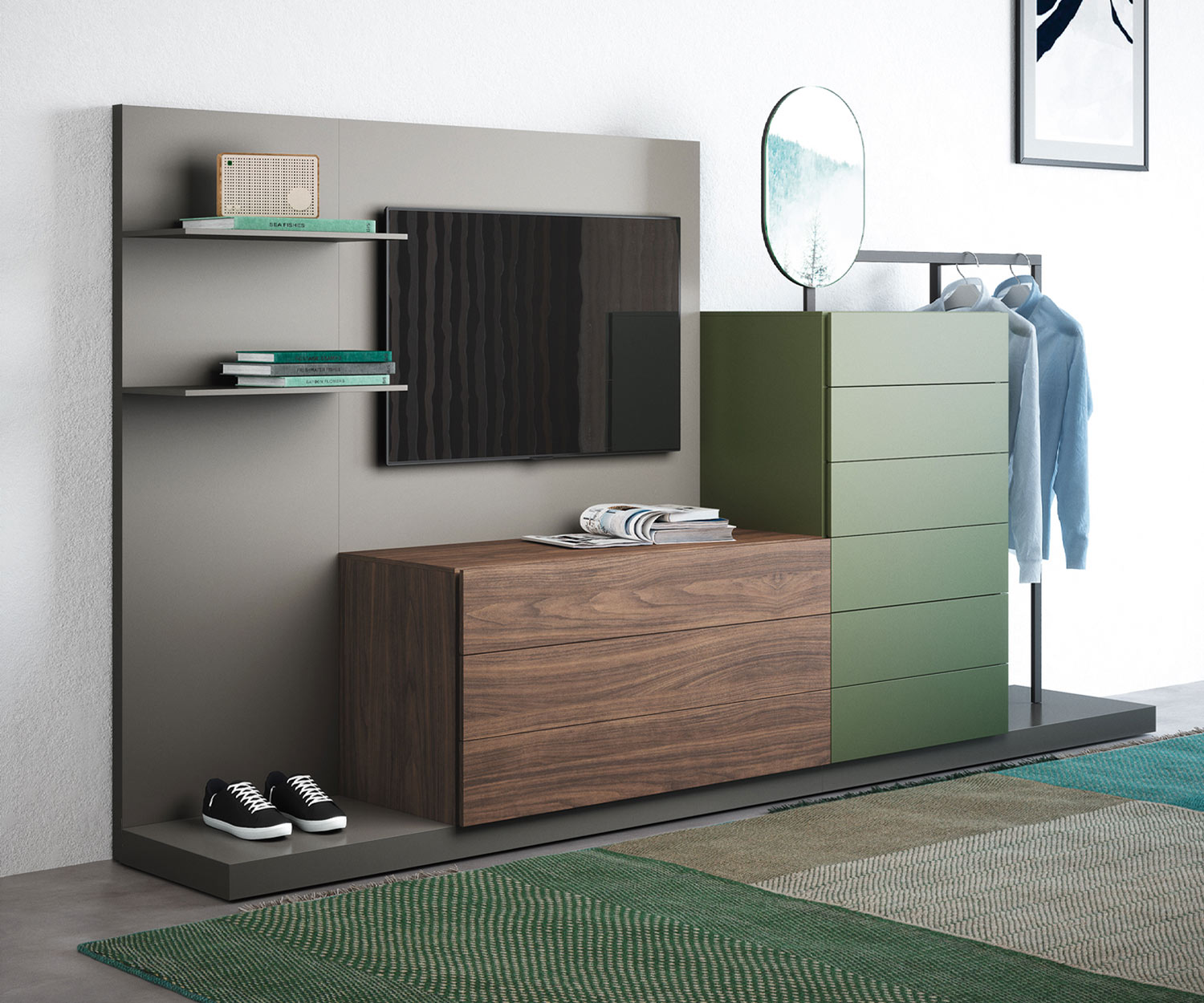 Commode design exclusive Easy 9 avec penderie et panneau TV de Novamobili Commode design exclusive Easy 9 avec penderie et panneau TV de Novamobili