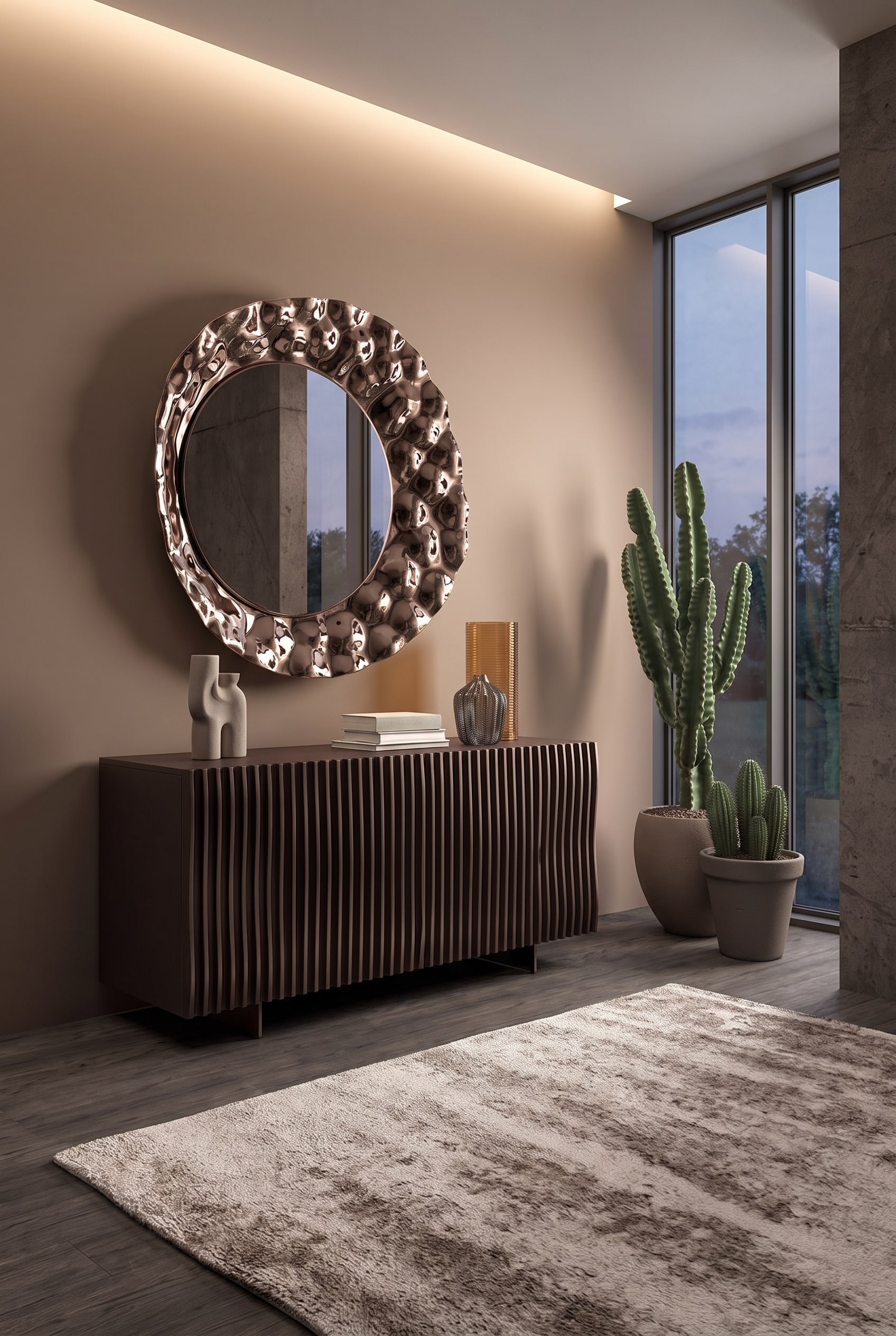 Modernes Wohnzimmer mit Ozzio Onda Sideboard mit wellenförmiger Front vor einer sanft braunen Wand