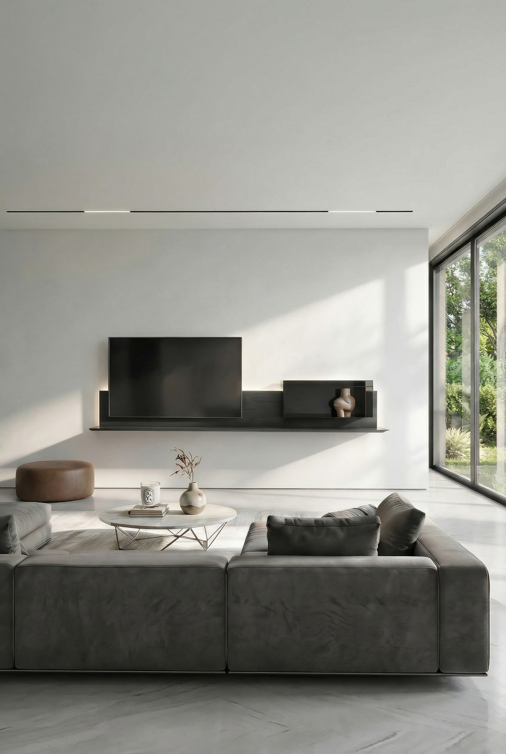 Meuble TV mural minimaliste enti&egrave;rement suspendu dans le salon