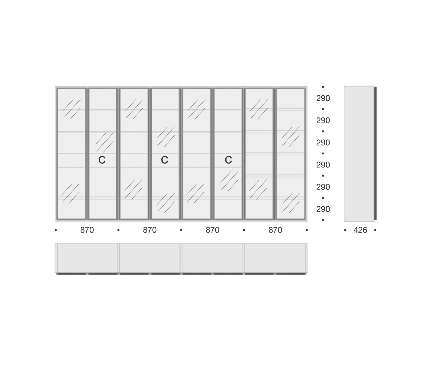 De haute qualité Livitalia Bibliothèque avec portes en verre C63 Esquisse Mesures Tailles  De haute qualité Livitalia Bibliothèque avec portes en verre C63 Esquisse Mesures Tailles