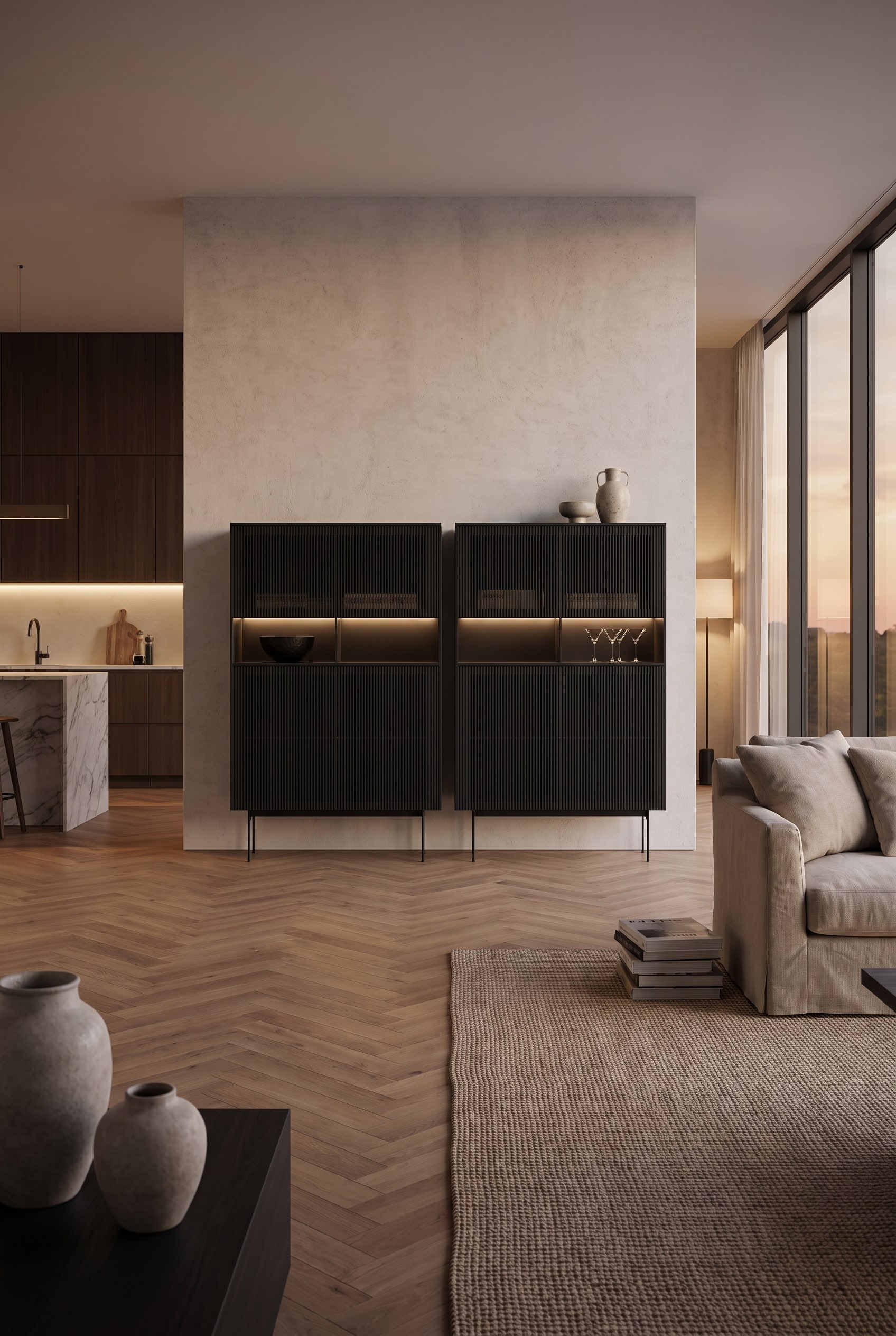 Wohnzimmer Highboard Holzlamellen