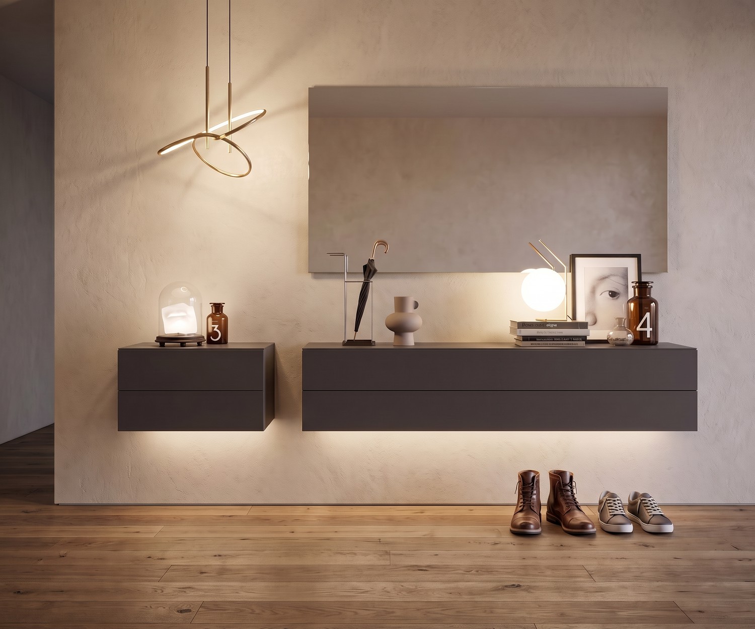 Commode suspendue à 2 tiroirs Easy Novamobili Commode suspendue Easy de Novamobili à 2 tiroirs pour l'entrée. Buffet flottant moderne en gris de style minimaliste.