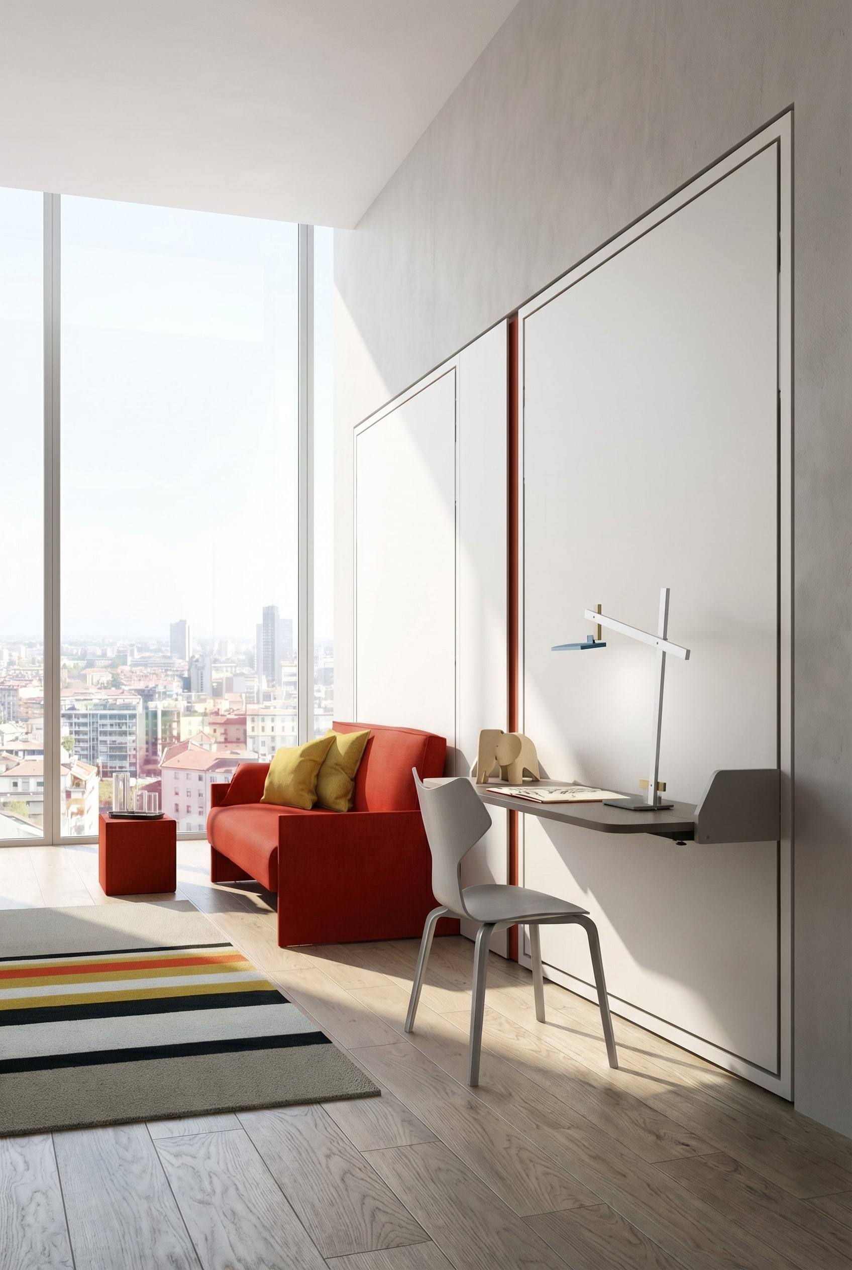 Un bureau &agrave; domicile rang&eacute; dans un style luxueux avec un lit simple escamotable et peu encombrant, relev&eacute; contre le mur.
