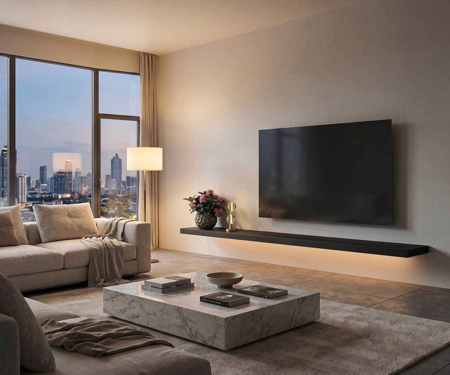 Étagère TV murale suspendue Livitalia Étagère TV murale Livitalia suspendue sous le téléviseur dans un salon moderne avec éclairage LED indirect chaleureux.