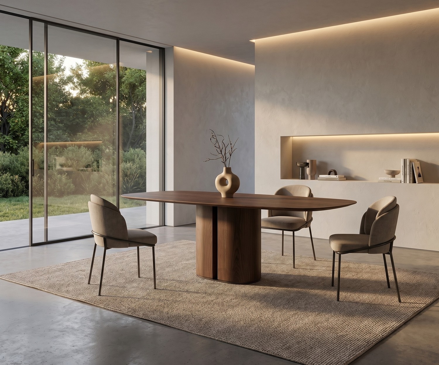 Table à manger en bois al2 el-it c 001 dans une salle à manger moderne avec chaises beiges et vue jardin.
